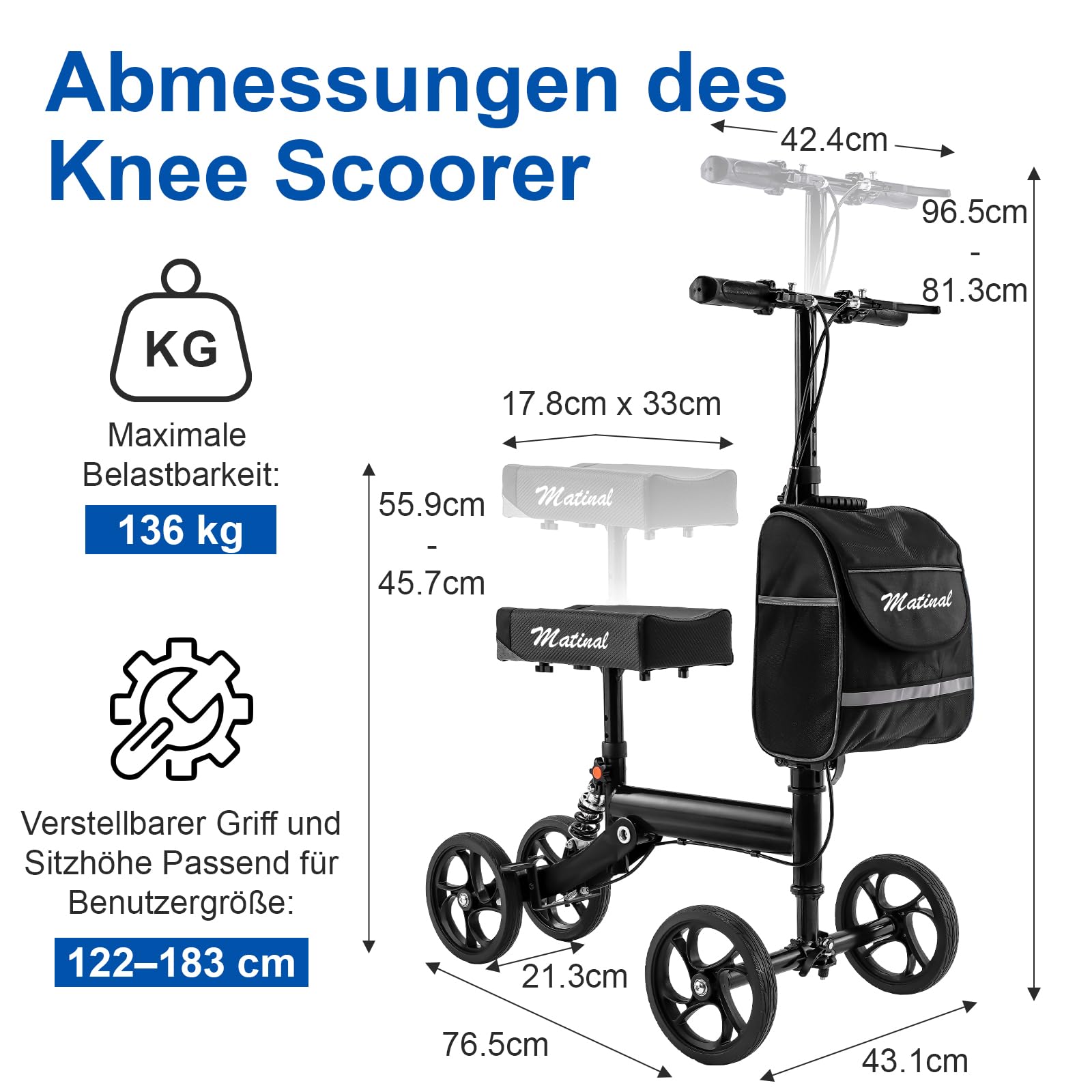 Patinete de rodilla con absorción de impactos, estable hasta 136 kg, altura ajustable para adultos después de la cirugía de pie, incluye bolsa extraíble y rueda delantera de 20 cm, color negro