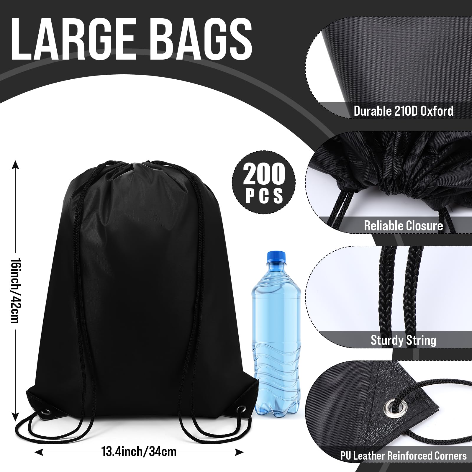 200 Pcs Drawstring Backpack Bulk Gym Drawstring Bags Polyester Cinch Backpack for Sport Traveling Storage (Black)