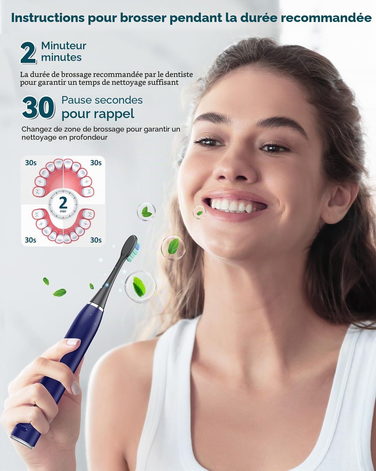 Brosse à dents électrique sonique pour adulte - Brosse à dents électrique à ultrasons avec étui de voyage et station de charge - Avec 8 têtes de brosse, 5 modes de brossage - 40 000 VPM