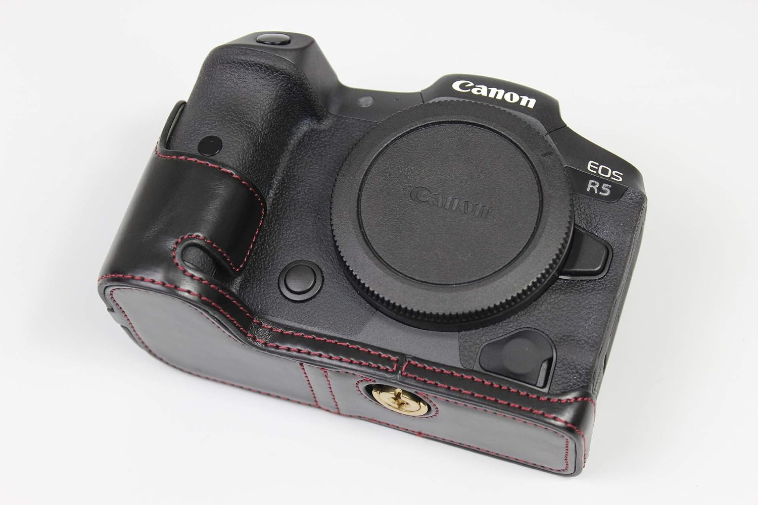 R5 R6 Case, BolinUS Handmade PU Leather Half Camera Case Bag Cover Bottom Opening Version for Canon Eos R5 R6 with Hand Strap (Black)