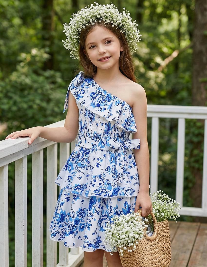 GRACE KARIN Girls Summer Spring Dress Kids One Shoulder Floral Dresses Teen Cute Party Flower 2 Layer Hawaiian Clothes 6-14 - Image 4