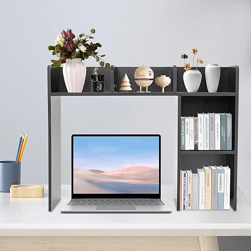 Miniatura 7 de Goudergo Organizador de escritorio de madera, estante de escritorio de oficina negro, estante de escritorio de esquinas redondas, estante de