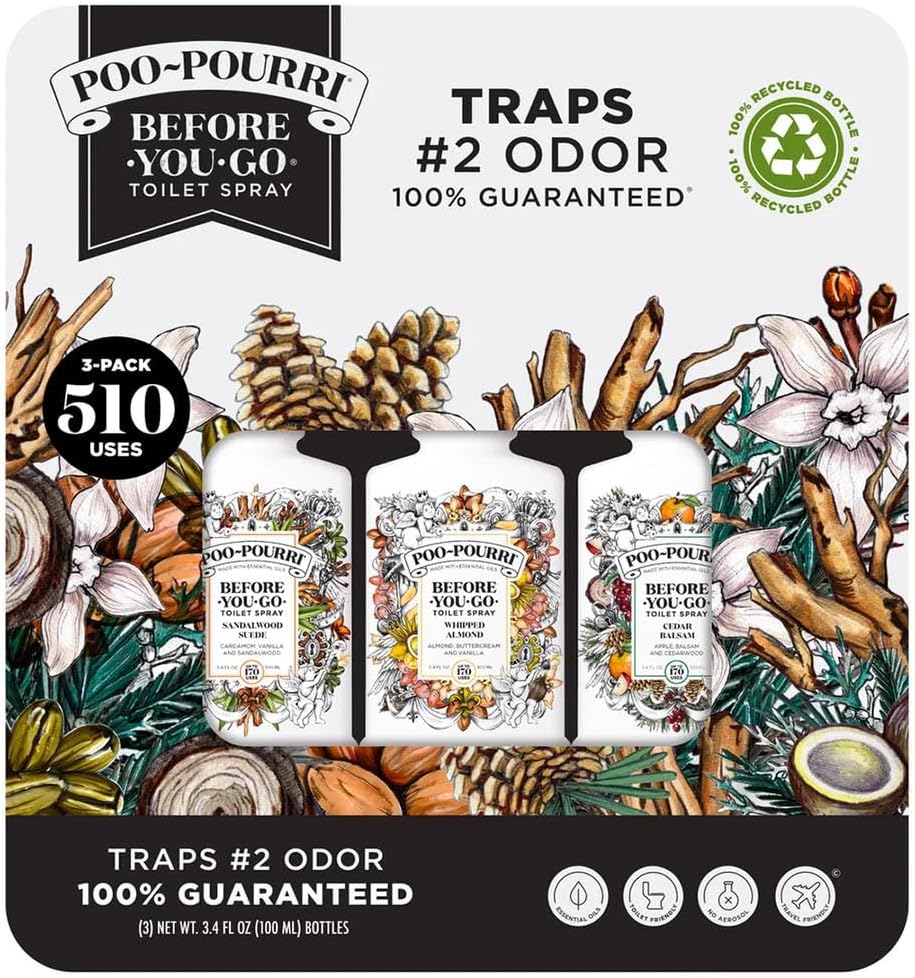 Poo-Pourri Toilet Spray Variety Pack, 3.4oz 3-Count: Cedar Blossom, Whipped Almond, Sandalwood Suede - TSA Friendly, Made in USA