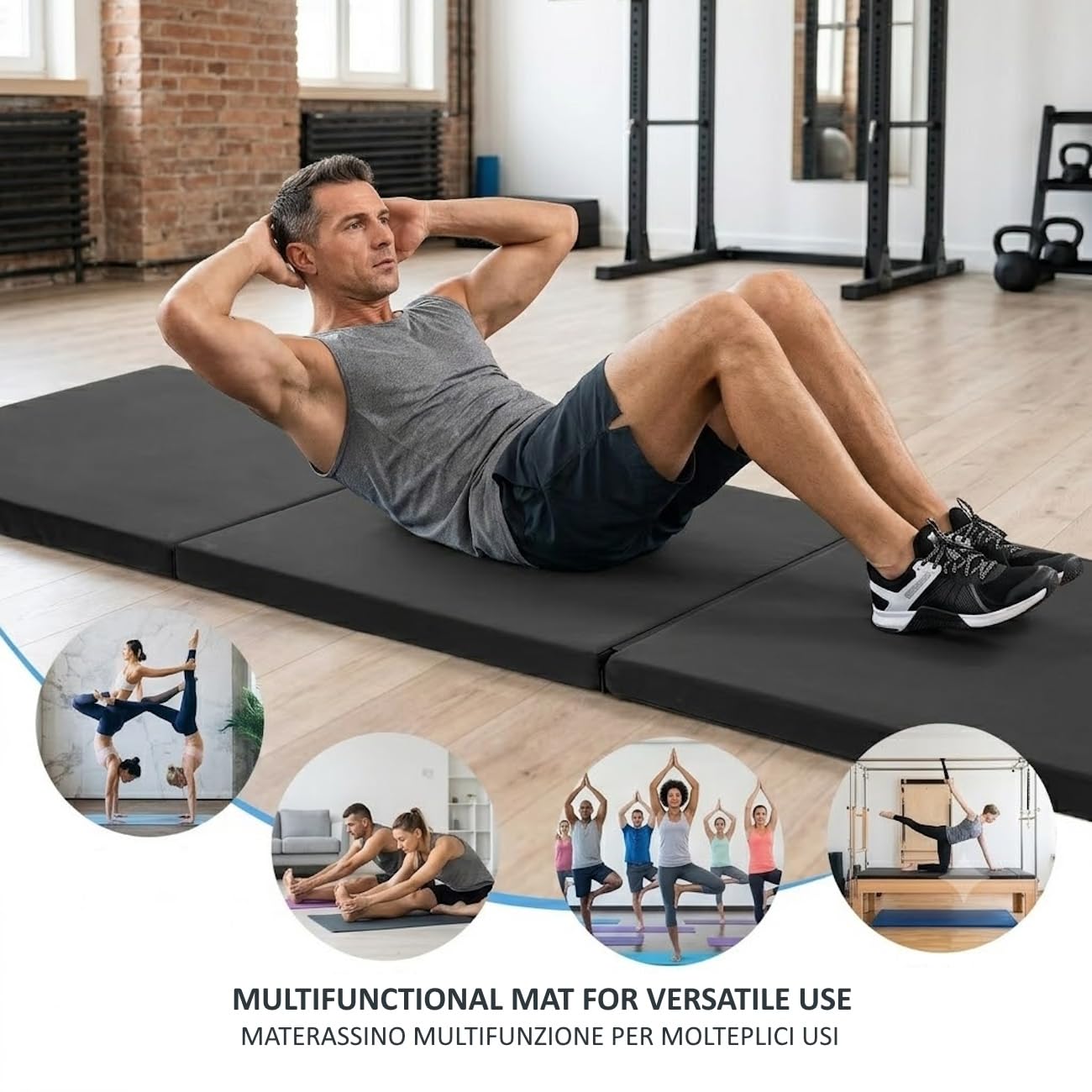 Tappetino Ginnastica Pieghevole 180x60x5cm | Pliabile a 3 Sezioni, Schiuma EPE e Pelle PU, Per Casa Yoga Pilates Arti Marziali Stretching, Con Maniglie