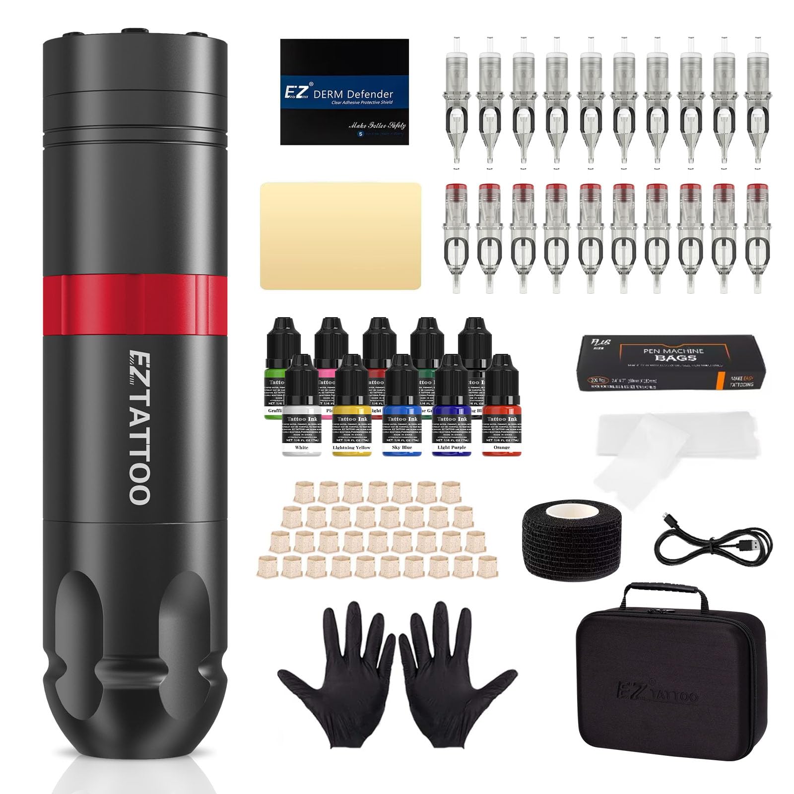 EZ Kit de Tatuaje - Kit de Máquina de Tatuar Completo con Rotulador para Máquina de Tatuar, Batería de 1500 mAh Fuente de Alimentación, 20Pzs Agujas de Tatuaje Surtido para Tatuadores (Caster S Rojo)