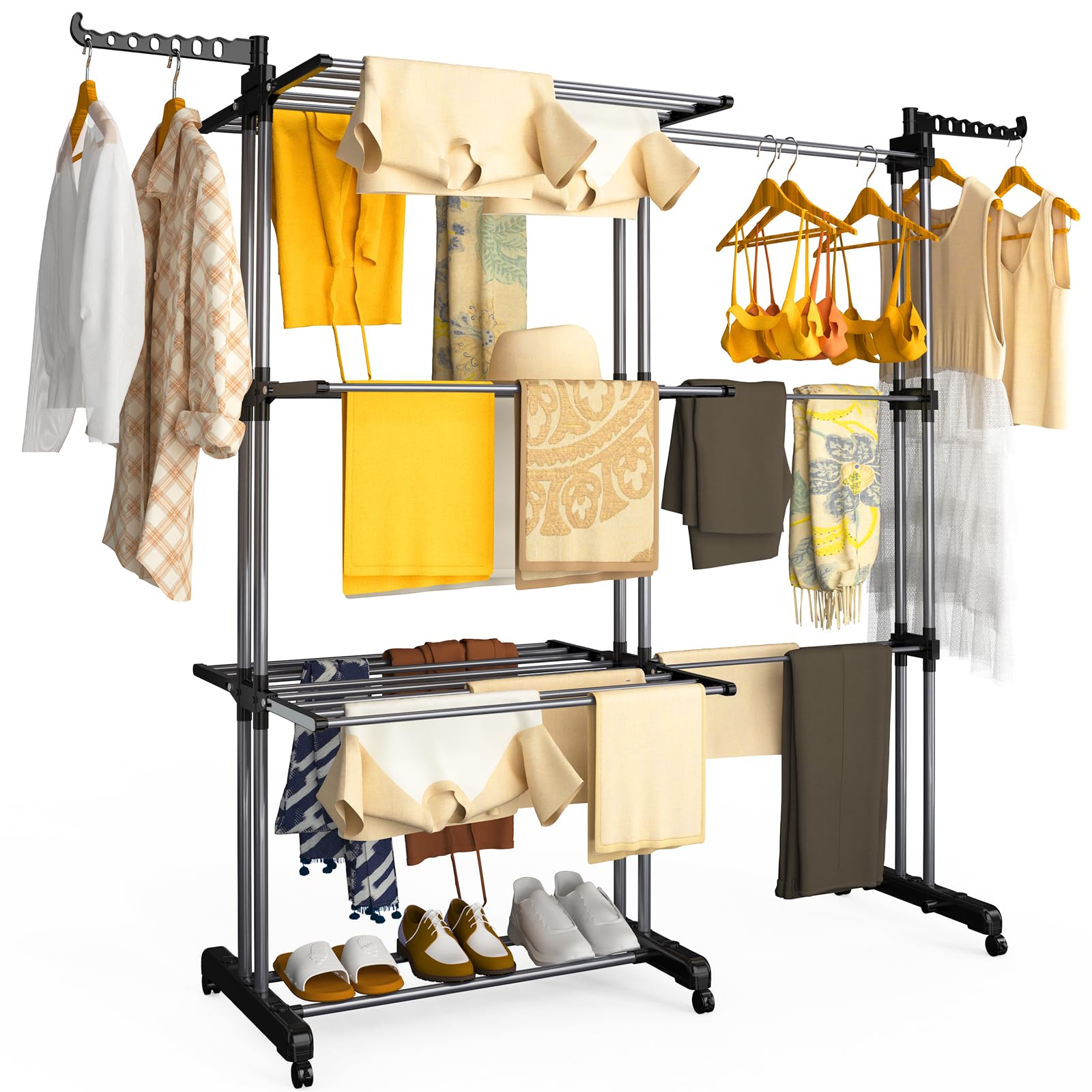 VOUNOT® 4 Tier Large Clothes Airer with Wings, Retractable Folding Drying Rack with Wheels for Indoor & Outdoor Use, 190 × 64 × 170 cm, Black Grey