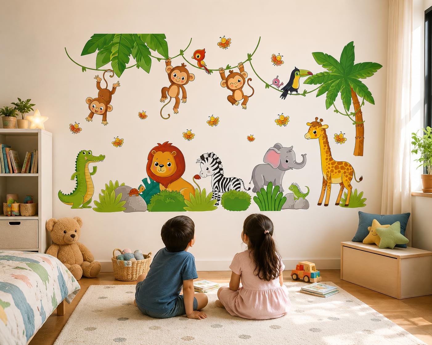 Cute Jungle Animals Wall Sticker for Kids Room, Cartoon Monkey Lion Elephant Giraffe Wall Decal, Nursery Play School Baby Room Decor (Medium)-picture-41