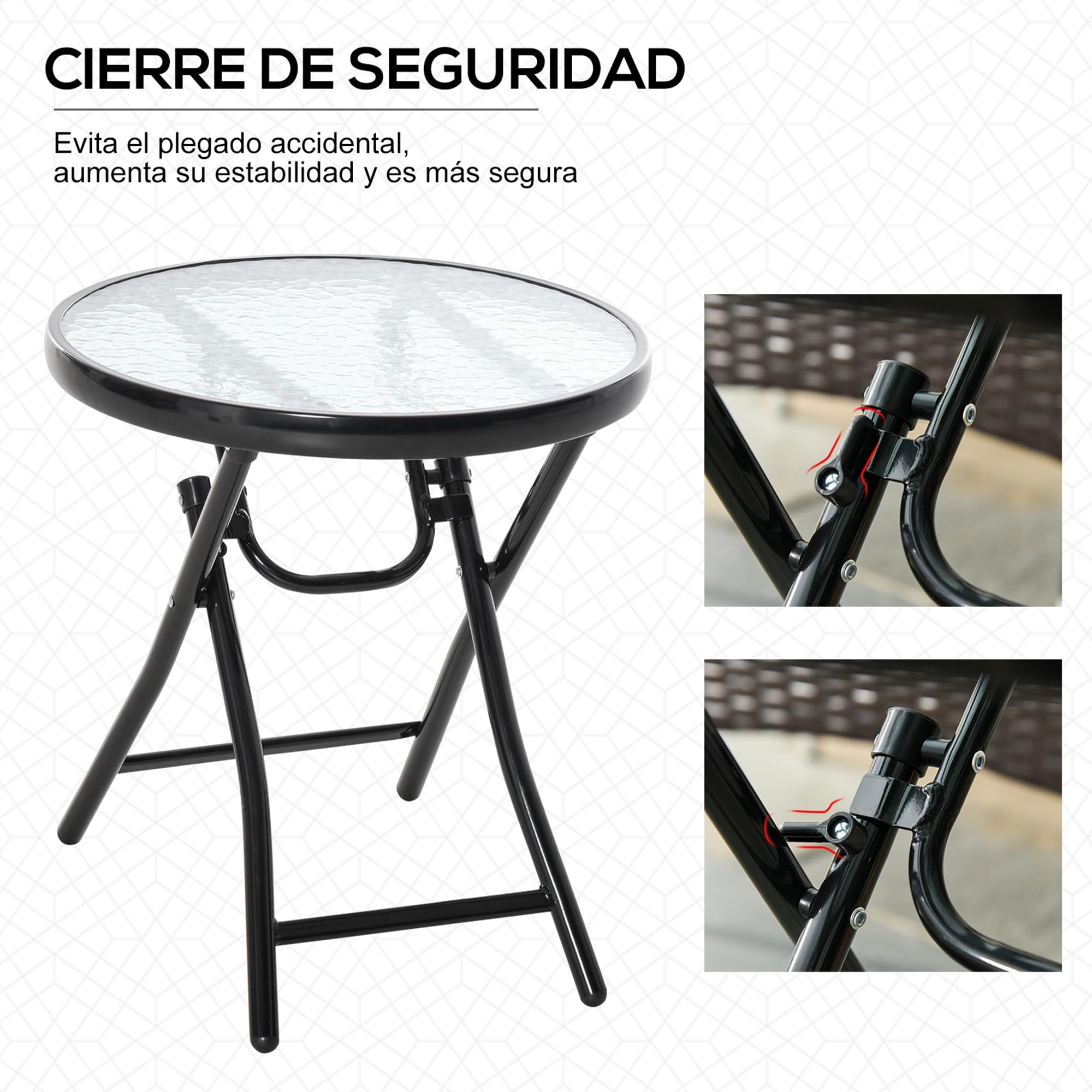 Outsunny Mesa de Vidrio Redonda Plegable Mesa de Jardín con Hebilla de Seguridad Borde Cubierto de Metal Patio Interior y Exterior Ø45x50 cm Negro