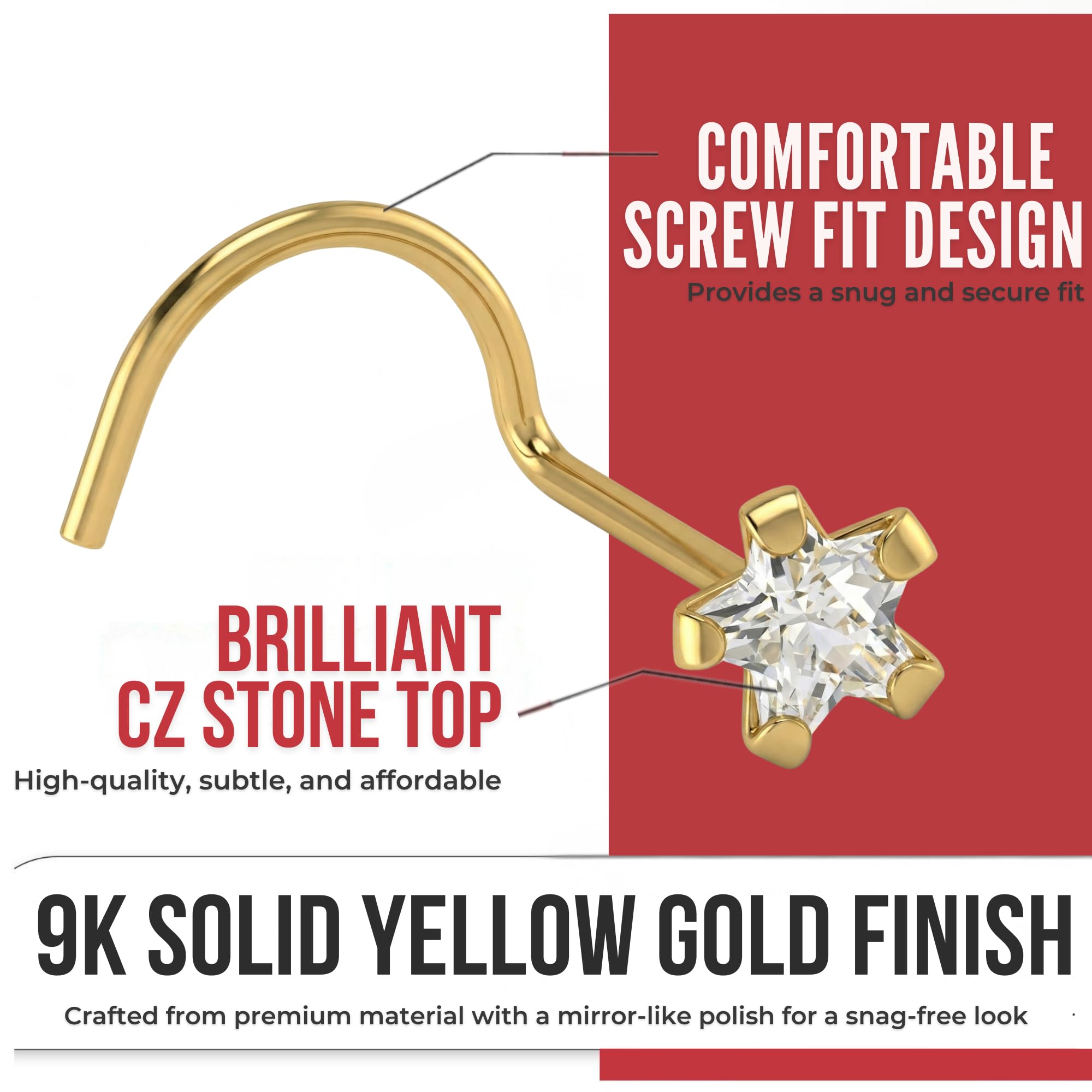 Monster Piercing 9K Gold Echtgold | Nasenpiercing Nasenstecker Stud | Stern | Stabstärke: 22G (0,6 mm) | Stablänge: 7mm | Kristallstein: 3mm | Hypoallergen