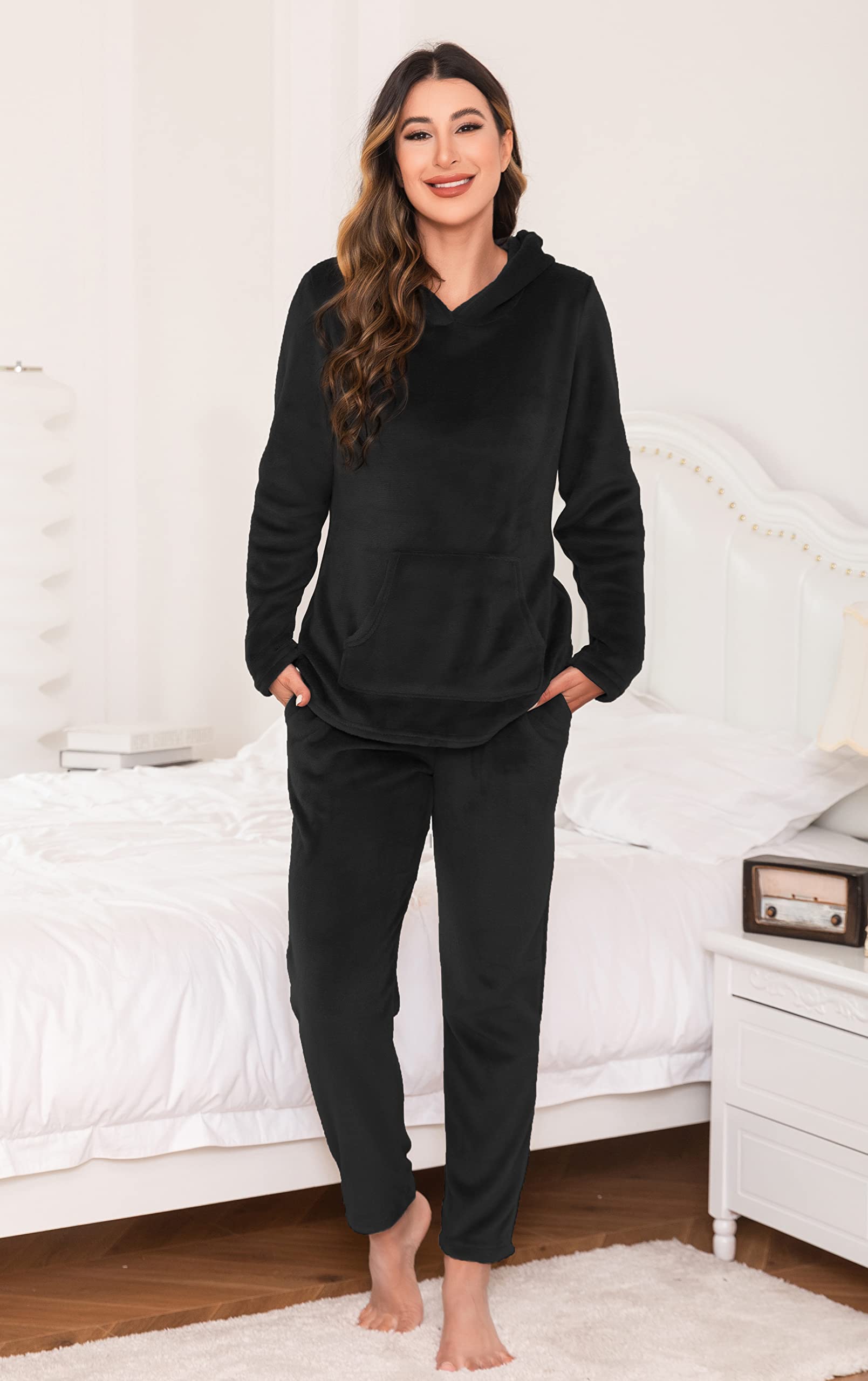 Lovasy Pigiama in Pile Donna Invernali Pigiami Due Pezzi a Maniche Lunghe | con Cappuccio Set Pigiama Caldo Comodo e Soffice con Tasche