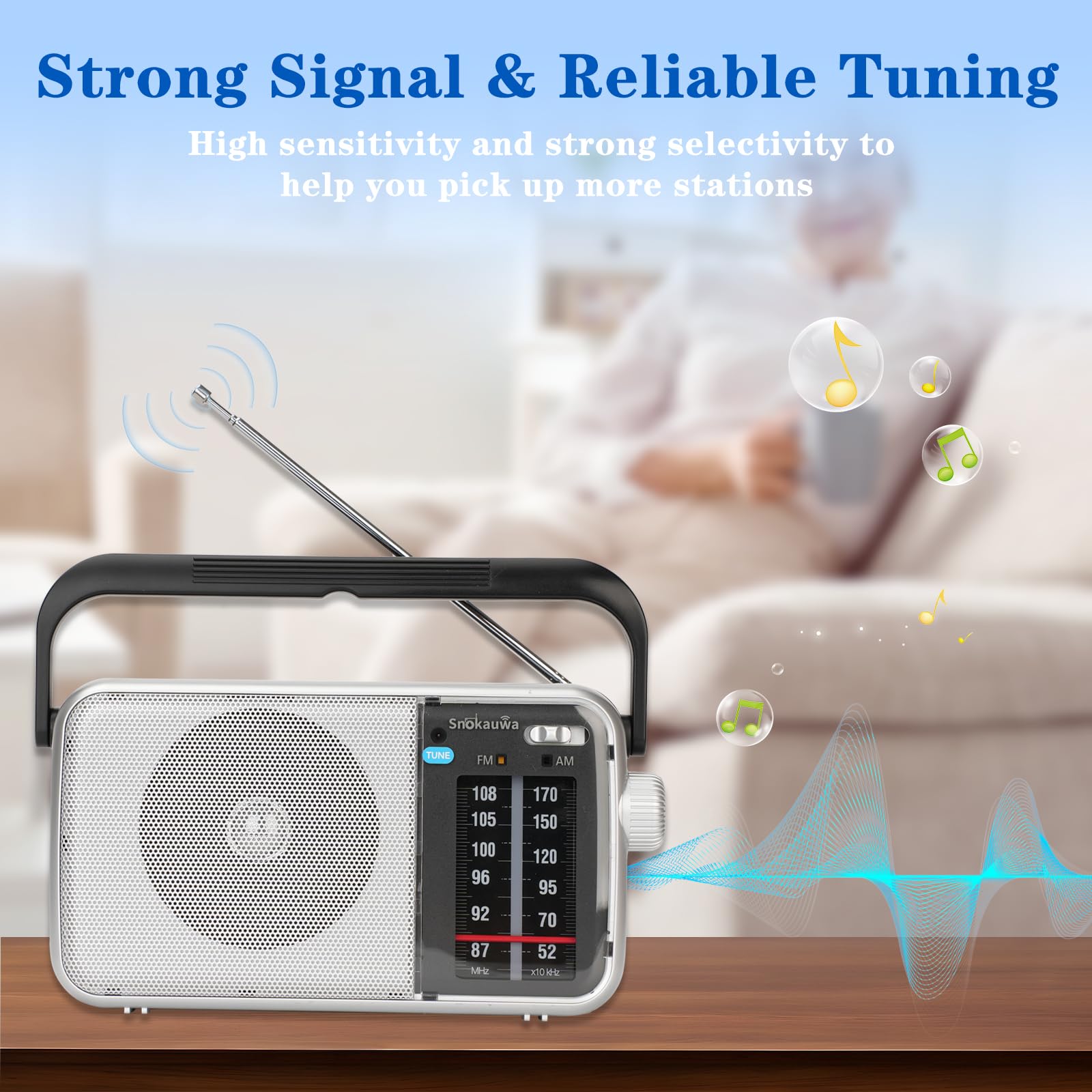 Radio portátil AM FM, sintonizador digital, altavoz más fuerte, batería o radio alimentada por USB para regalo en el hogar al aire libre (negro)
