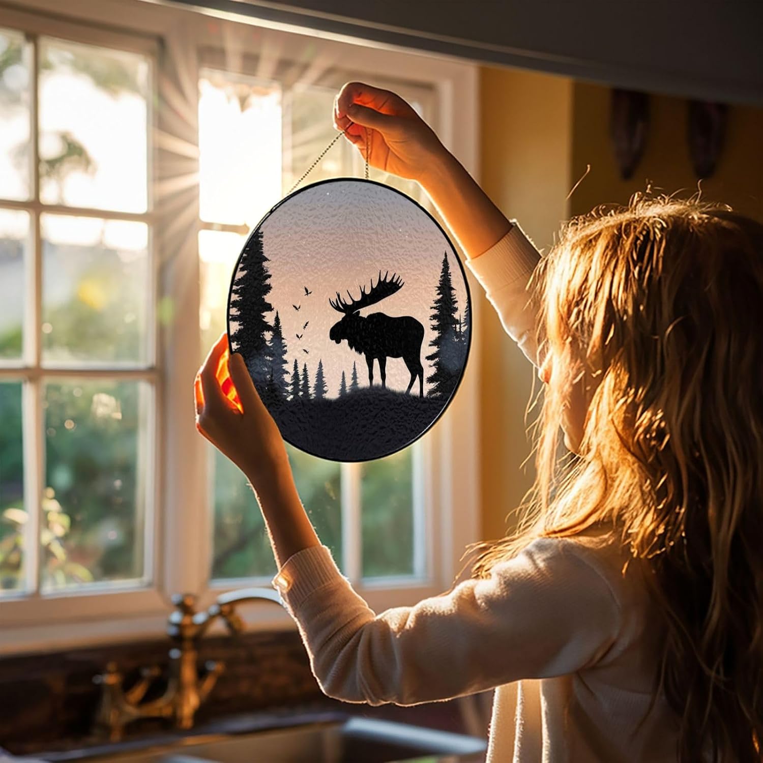 Stained Glass Window Hanging 12in Window Suncatcher Glass Panel with Metal Chain Moose Mountain Pine Tree Wilderness Sun Catchers Wall Art Home Decor Gift for Women Mother's Day