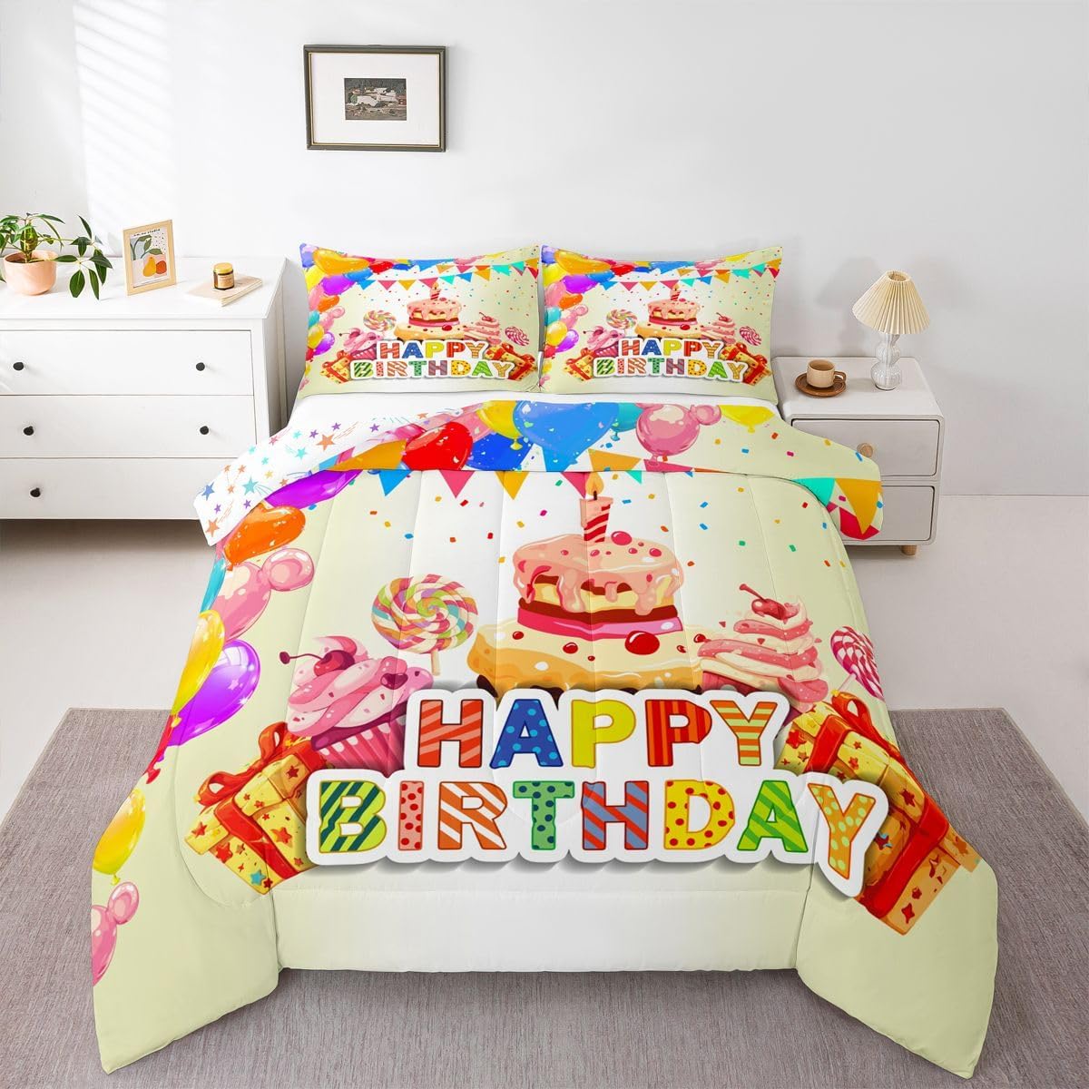 jejeloiu Happy Birthday Theme Comforter Set for Girls Boys Kids Twin Size Balloon Print Comforter Room Decorative Cake Colorful Bedding Set White Duvet Set 2Pcs Quilt Set