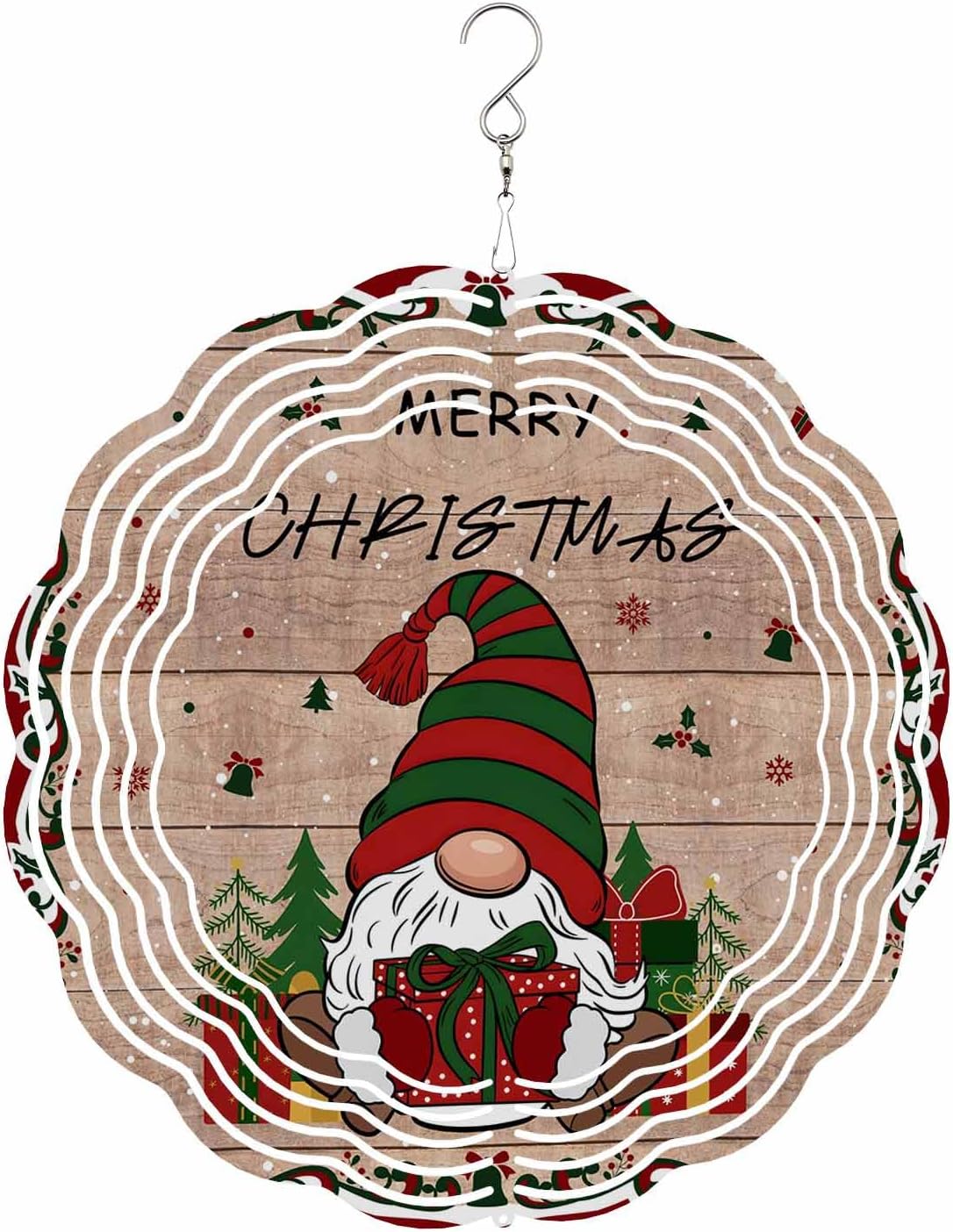 Christmas Gnomes Wind Spinner 3D Stainless Steel, 12 Inch Double Sided Circle Hanging Wind Spinners, Vintage Xmas Tree Snowflake Wooden Planks Garden Art Wind Sculpture for Yard Porch Front Door