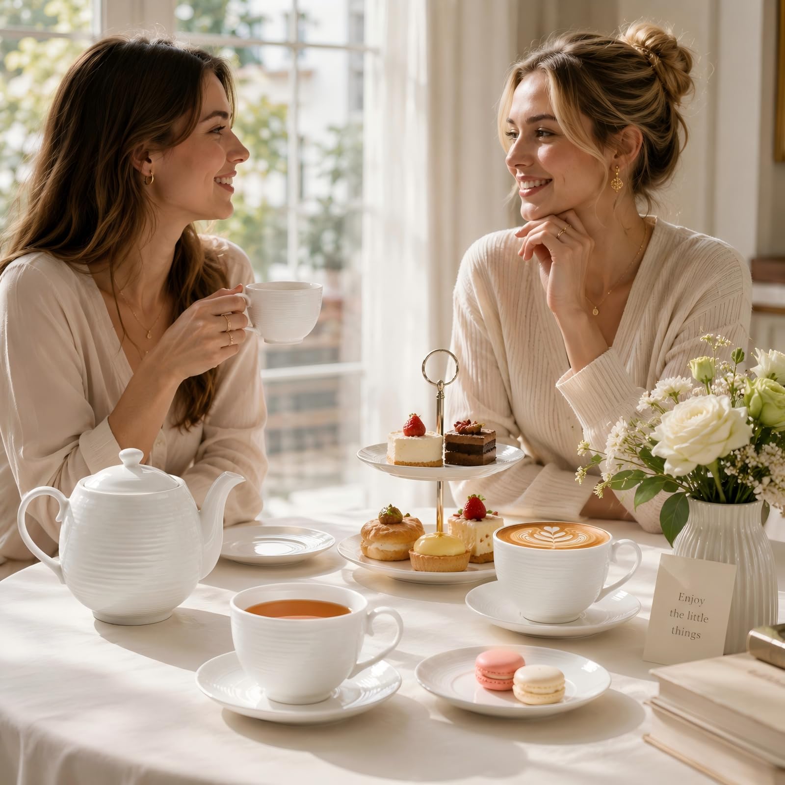 Juego de 4 tazas de café con platillos, tazas de capuchino (12 onzas), tazas de té blanco de cerámica con platillos, aptas para microondas y lavavajillas, para el hogar, cafetería