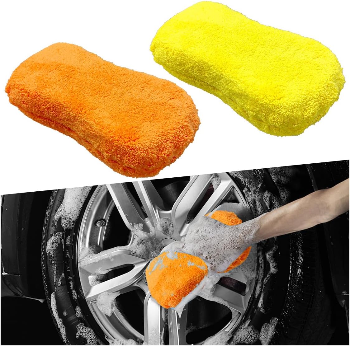 2PCS Microfiber Car Wash Sponge for Cleaning, Soft Non-Scratch Sponge for Household Cleaning, Coral Cleaning Sponge for Car Truck Motorcycle (Orange&Yellow)