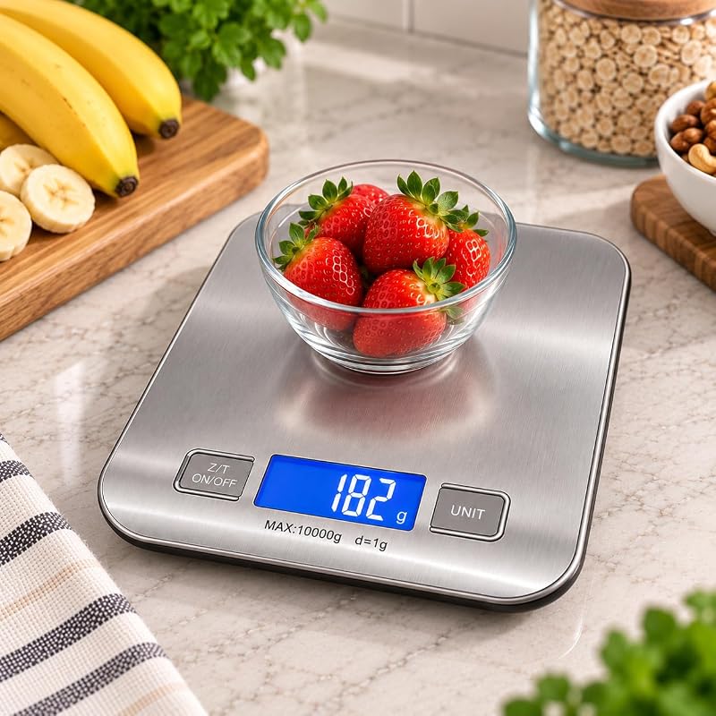 Balança Digital de Cozinha Precisão de 1g a 10kg Premium Resistente à Água em Inox Função Tara Fitness Display LCD Base Antiderrapante Durável Portátil para Alimentos e Dietas + 2 Pilhas AAA