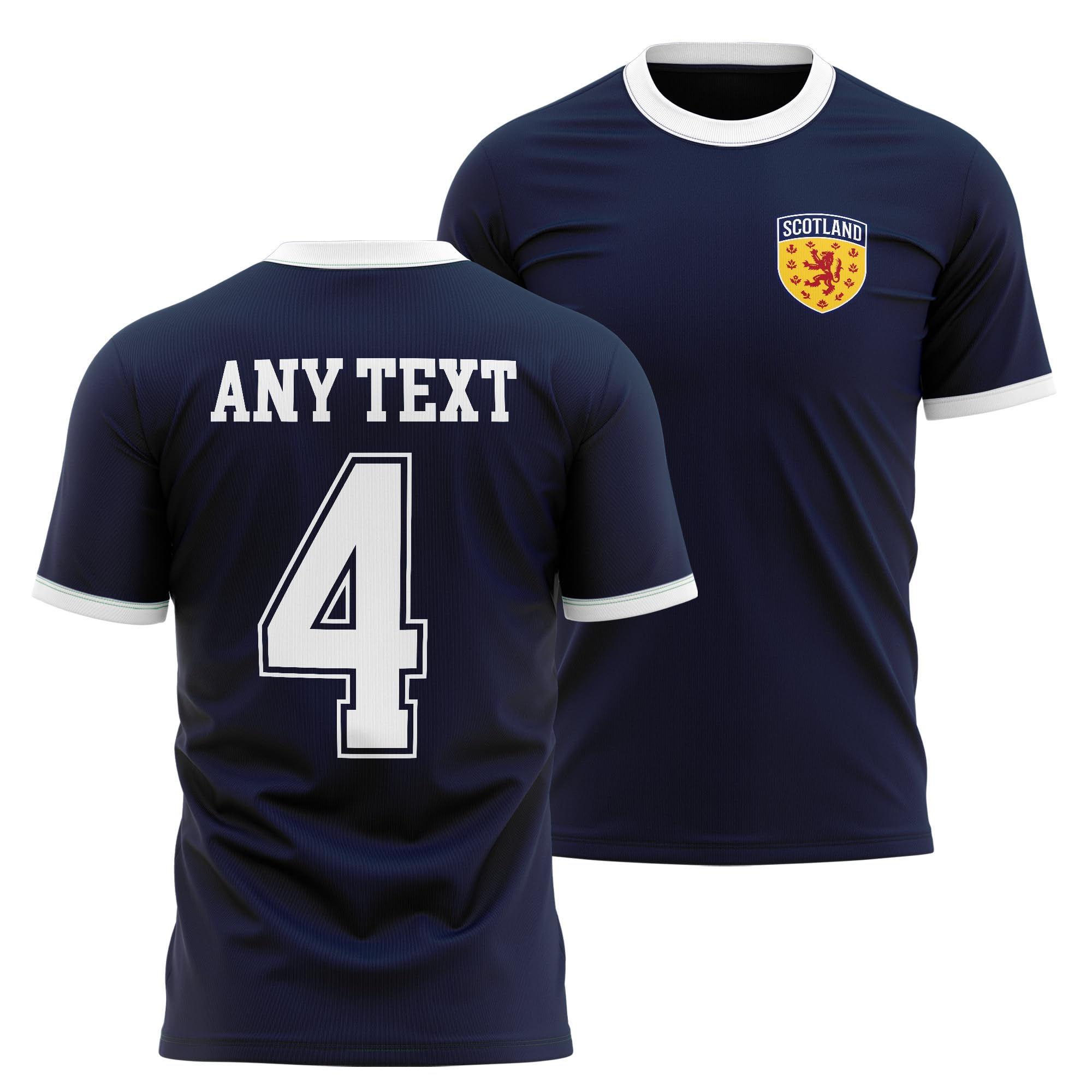 Scotland Ringer T Shirt - Rampant Lion Badge Custom Name Number Tee - Scottish Football Fan Supporter Top, L, Navy/White