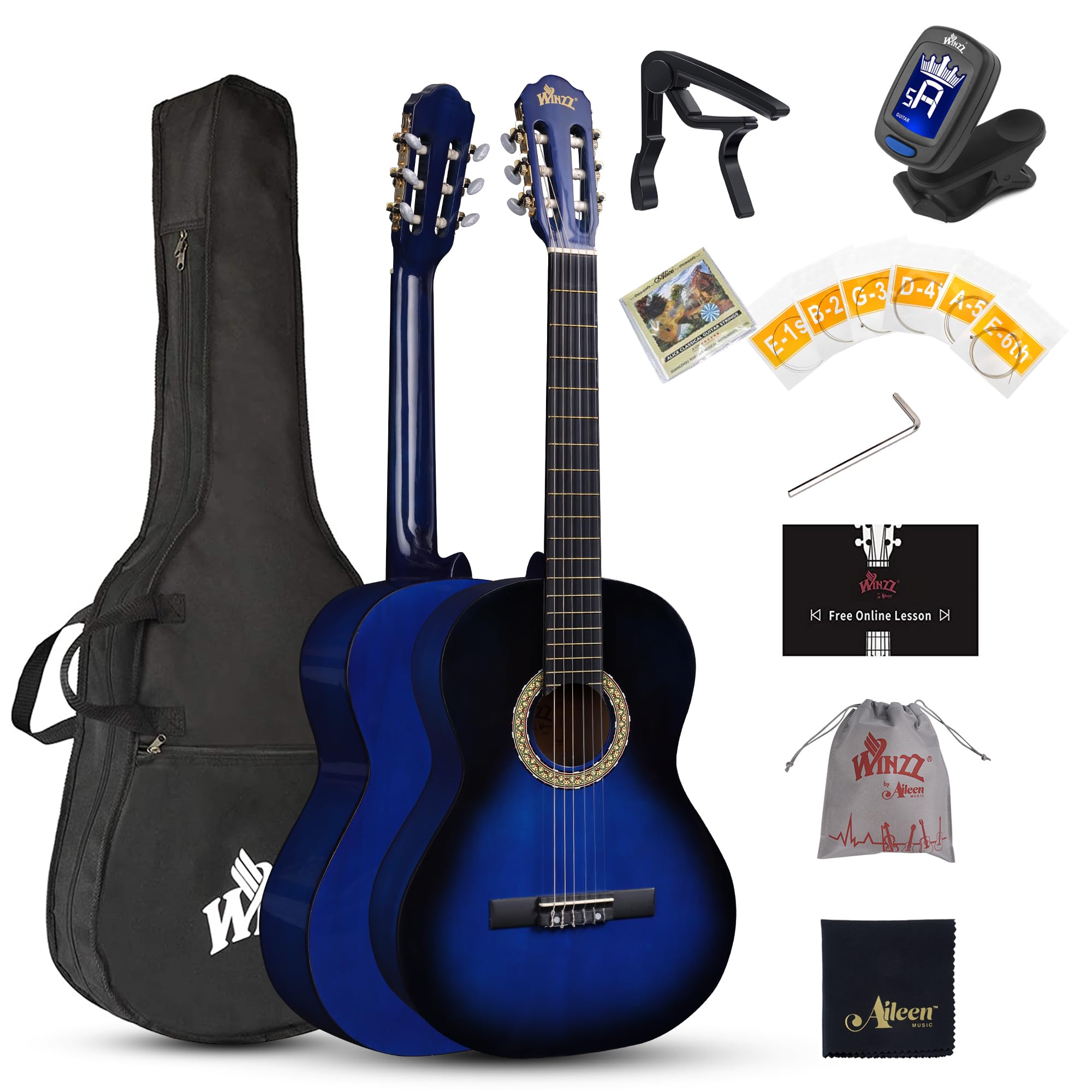 Photo 1 of WINZZ AC00LH 39 Inches Full Size Classical Guitar Beginner Acoustic Nylon Strings with Full Kit, Blueburst Elegant Blueburst