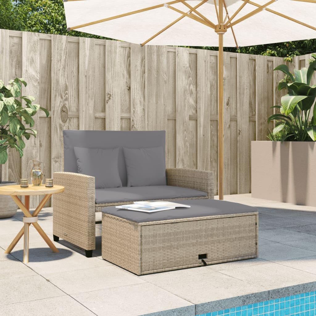Sofá de jardín de 2 plazas beige de ratán sintético con cojín, sofá cama plegable y taburete con espacio de almacenamiento, muebles de jardín de ratán de polietileno para terraza y balcón