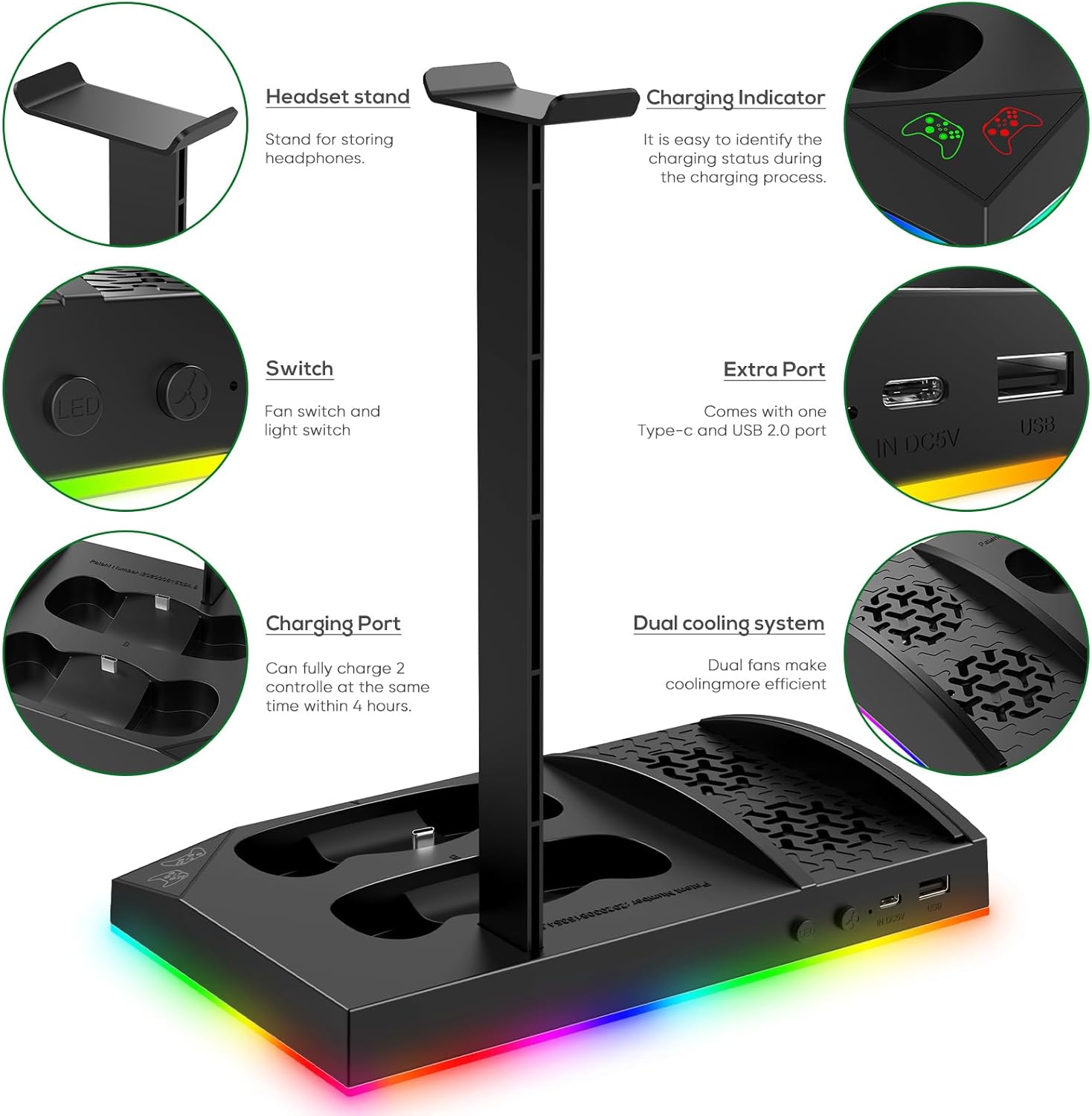 Charging & Cooling Fan Stand for Xbox Series S, Dual Controller Charger Station & Cooler System with 15 LED Light Modes, Headset Hook,USB C Cable, Accessories for XSS with 2x1400mAh Batteries (Black)