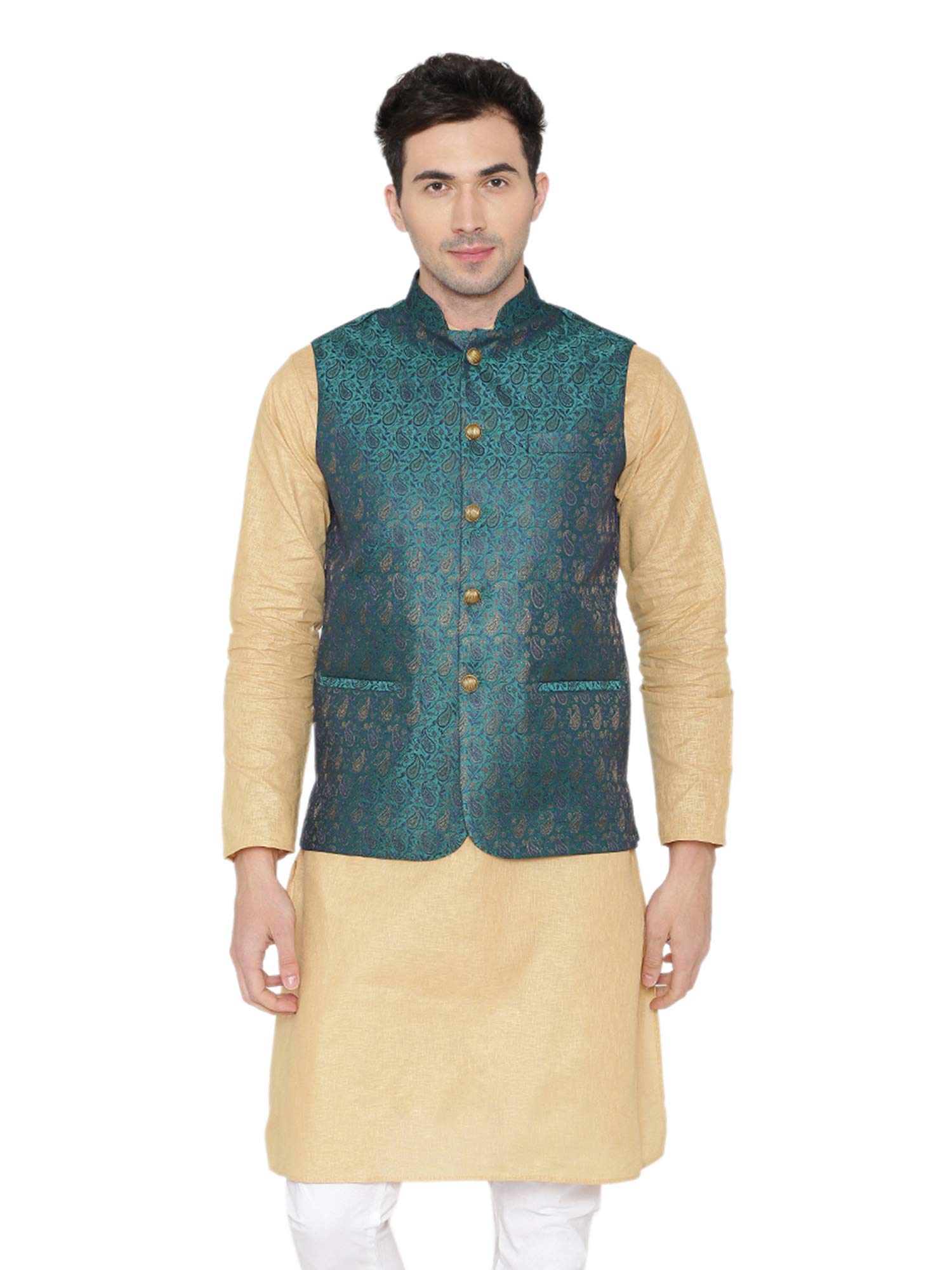 wintage Men's Banarasi Rayon Cotton Green Modi Nehru Jacket-picture-37