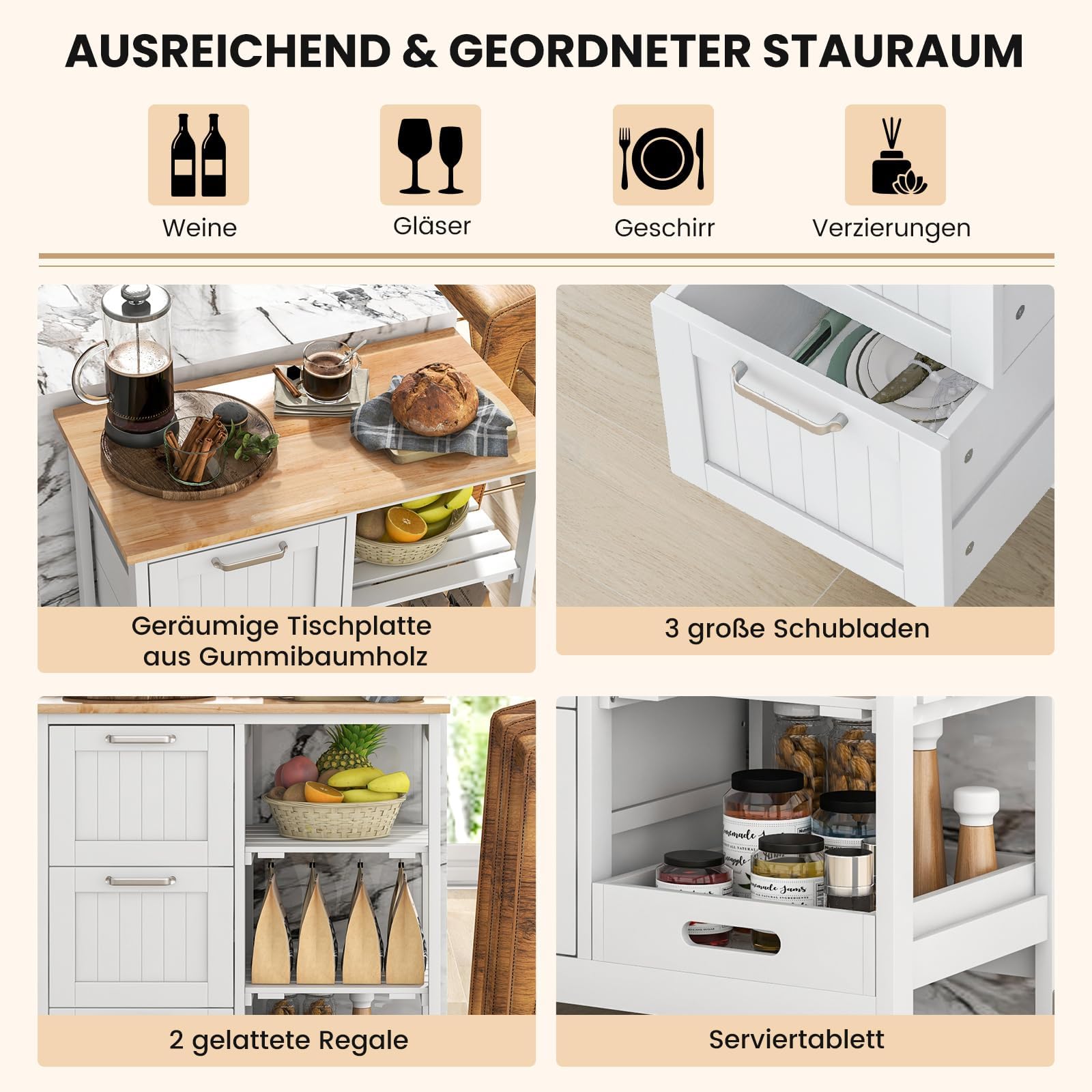 FANTASK Armoire de Cuisine avec 3 Grands tiroirs, Plateau et 2 Niveaux étagère de Rangement, îlot de Cuisine, Chariot de Service à roulettes, Chariot de Cuisine en Bois d'hévéa, 67 x 37 x 82,5 cm