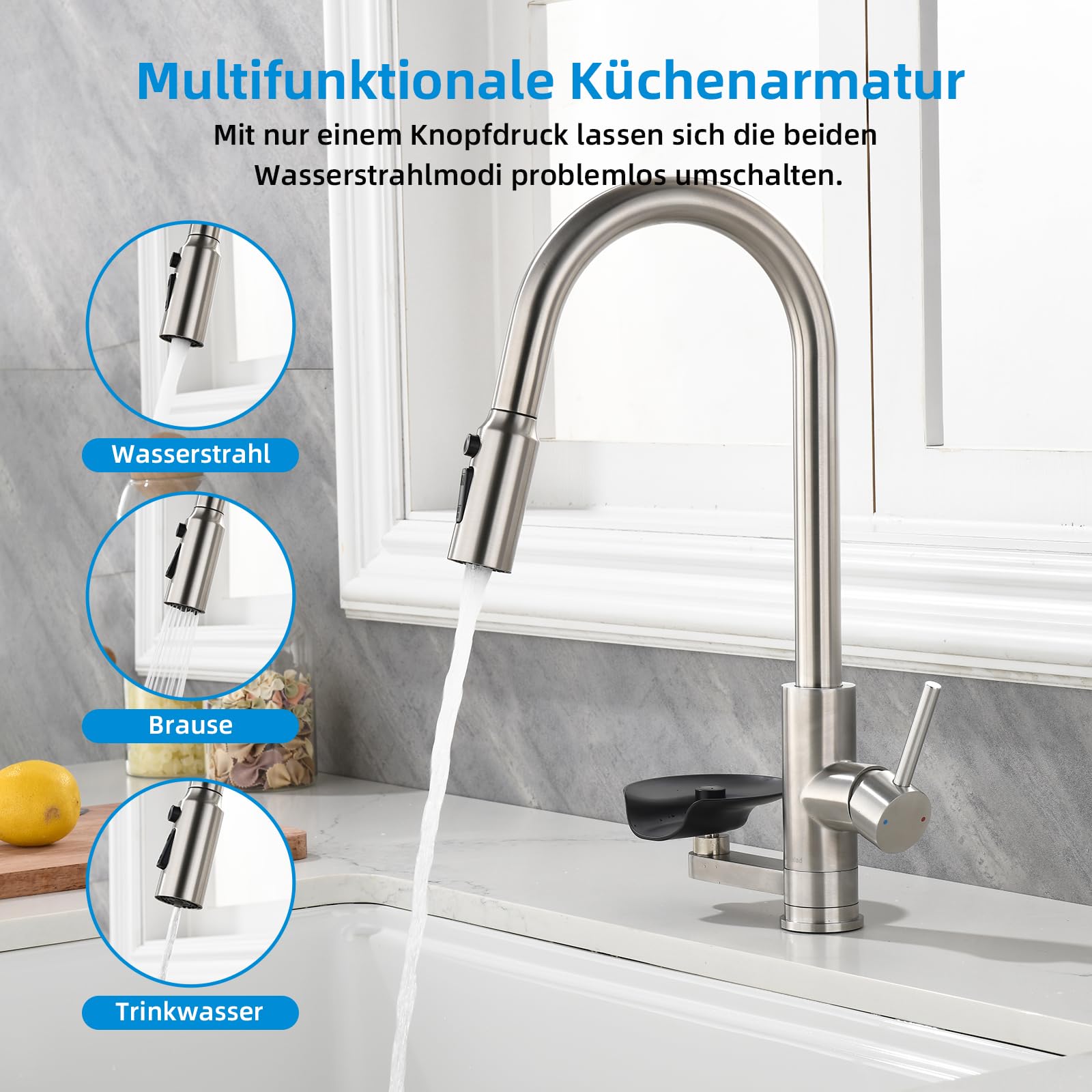 Rubinetto Cucina 3 vie Mynaiad Filtro acqua Lavaglassi Estraibile Doppia Uscita, Rotazione a 360°, Rubinetto Lavello Cucina, Miscelatore Cucina, Acciaio Inossidabile 304 Spazzolato