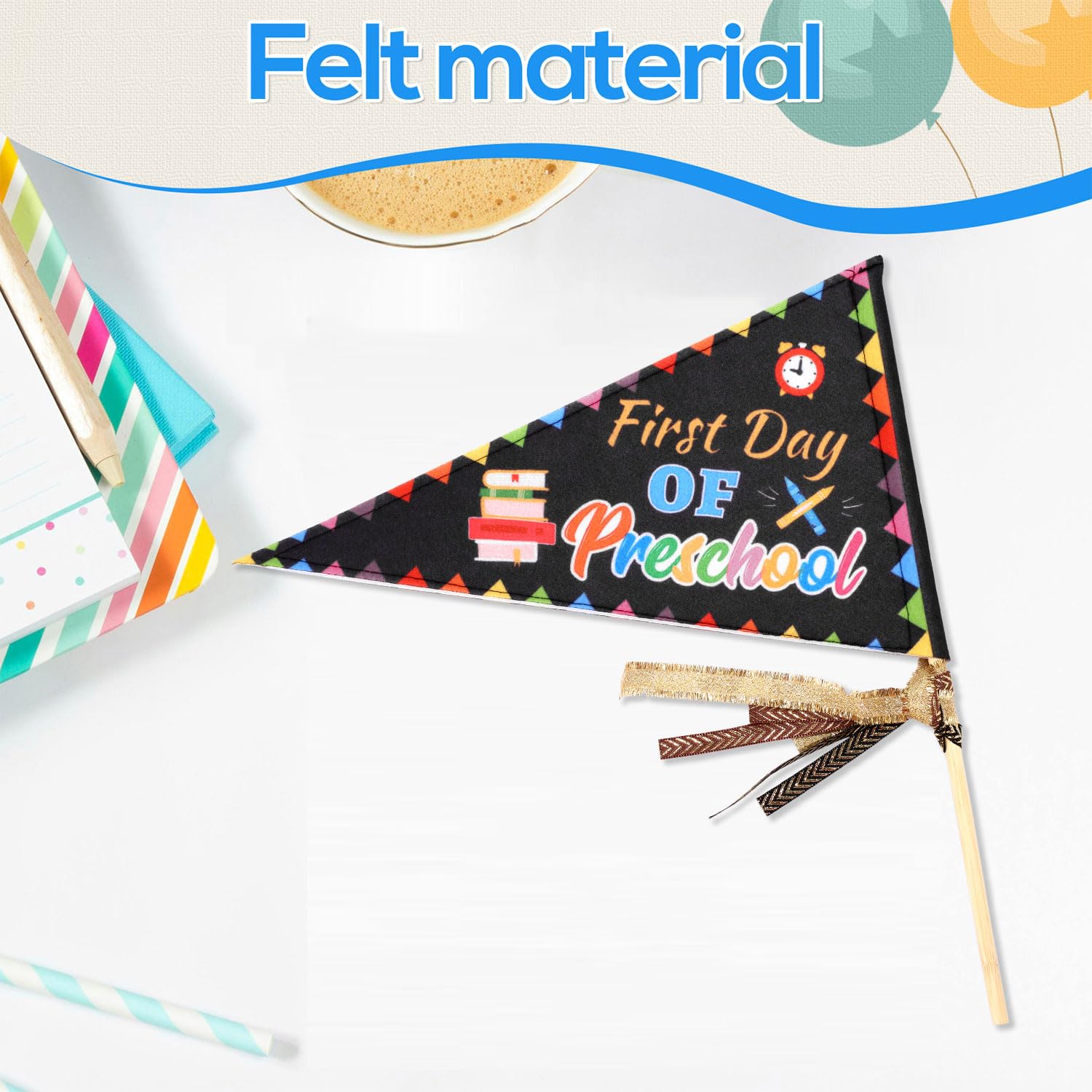 Lyreh First Day Of Preschool Pennant, First Day of School Banner Flag with 3 Ribbon & Wood Stick Back to Classroom Pennant Flag for Teachers - Image 4