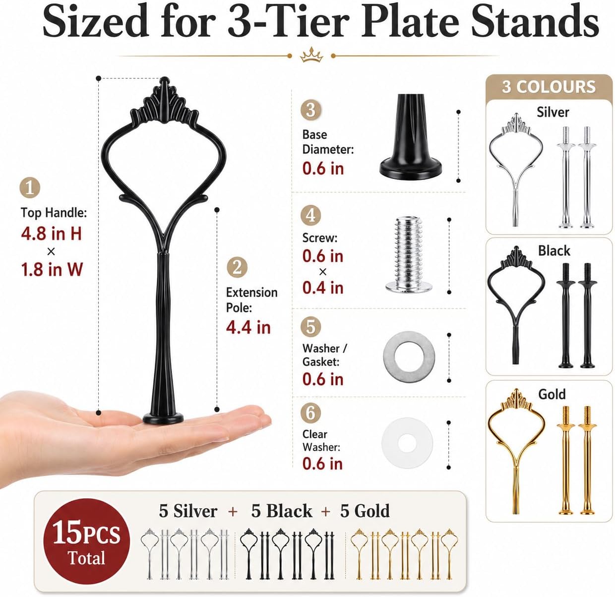15 Pcs Tiered Tray Hardware Kit Crown Handle Zinc Alloy Mixed Colors | Black gold silver options for DIY cake stand projects; rods washers and screws for layered display builds