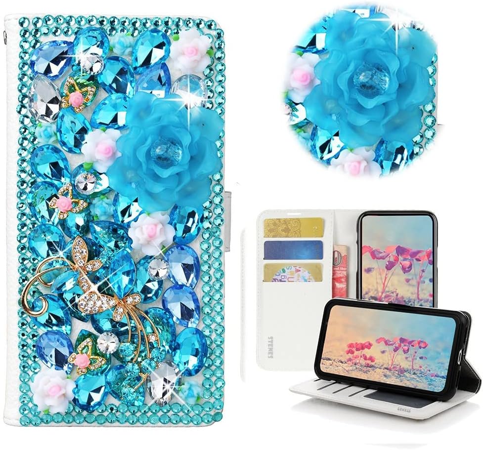 STENES Bling Wallet Phone Case Compatible with Samsung Galaxy Z Fold 5 5G - Stylish - 3D Handmade Pretty Butterfly Flowers Design Leather Girls Women Cover with Neck Strap Lanyard [3 Pack] - Blue