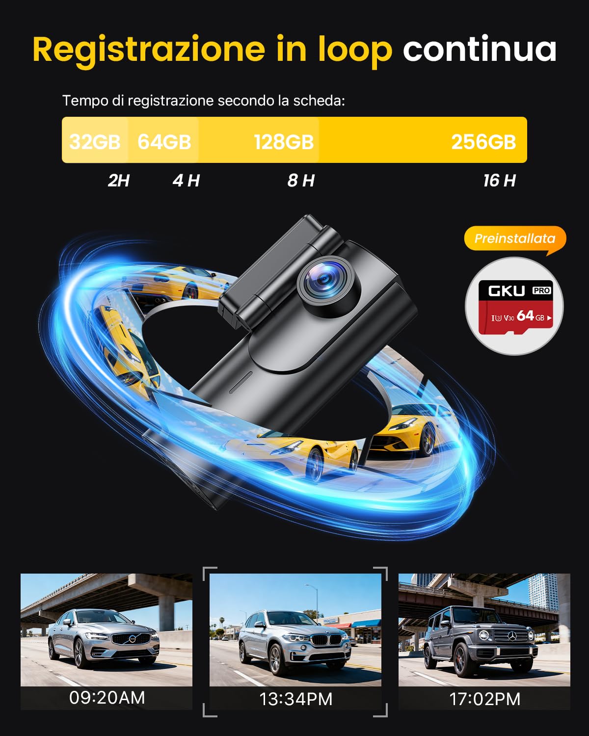 GKU Dash Cam Auto 4K/2.5K,Podwójna kamera samochodowa WiFi z kartą SD 64G,Dashcam Samochód 170° Szeroki kąt,Super Night Vision,WDR,G-Sensor,24H Monitor Parkowania,Nagrywanie pętli,Max 25 90G