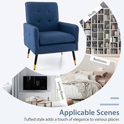 Miniatura 8 de Giantex Silla decorativa moderna de mediados de siglo, sillón tapizado con respaldo copetudo, patas de metal, almohadillas ajustables, sofá