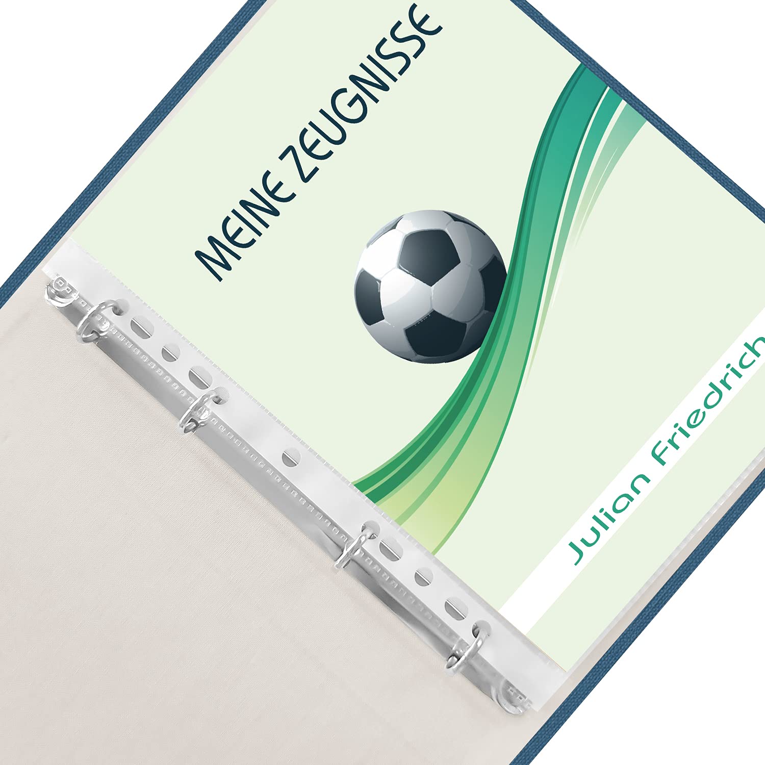 Zeugnismappe personalisiert Soccer A4 ca. 31x24 cm, blau grün, Zeugnisbuch Fußball, Urkundenmappe Einschulung, Schulanfang