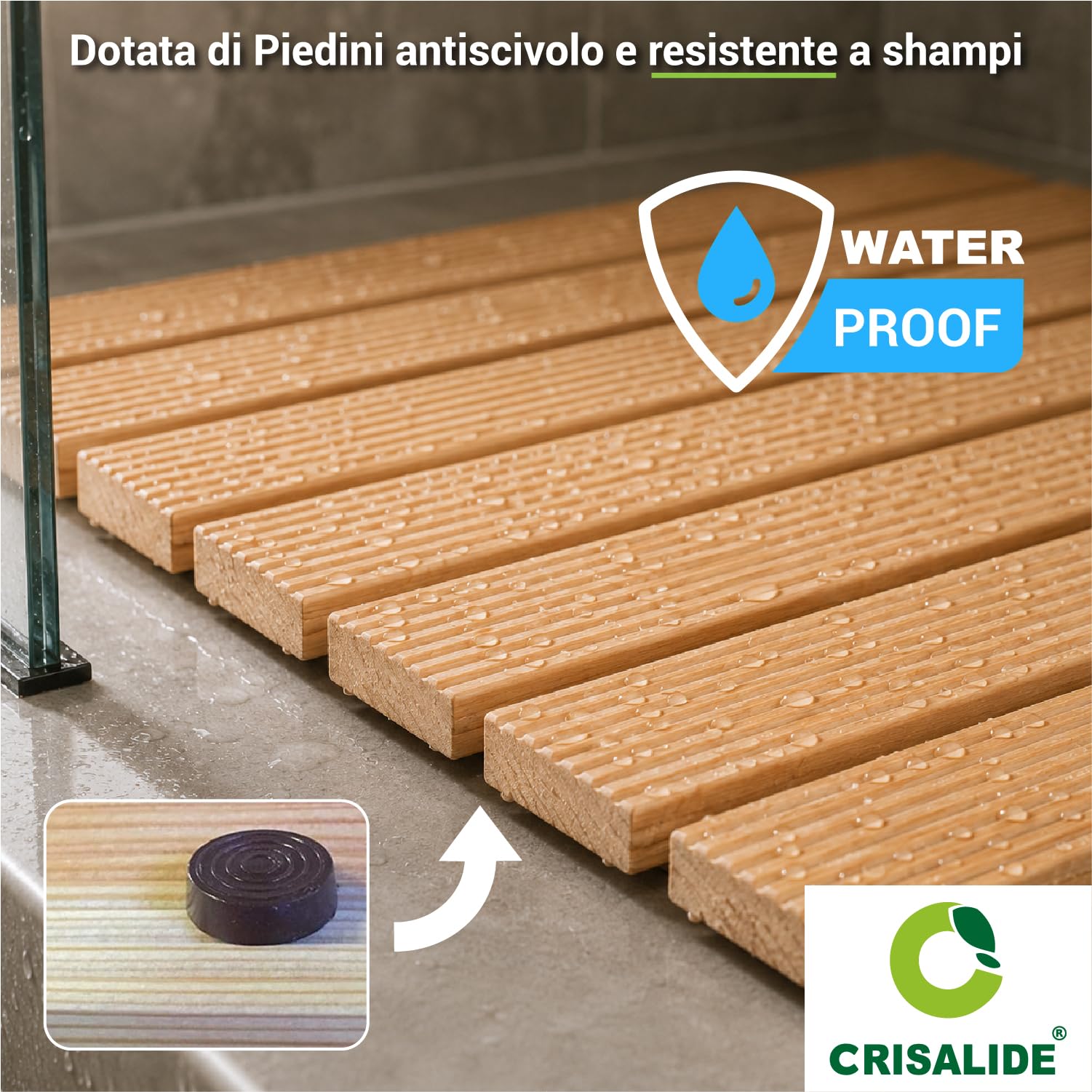 Crisalide® - Pedana Doccia Larice LUXE 60 x 60 cm, in Legno Massello Waterproof, Antiscivolo con Doghe Drenanti e Piedini, Ideale per Piatto Doccia 80 x 80 cm