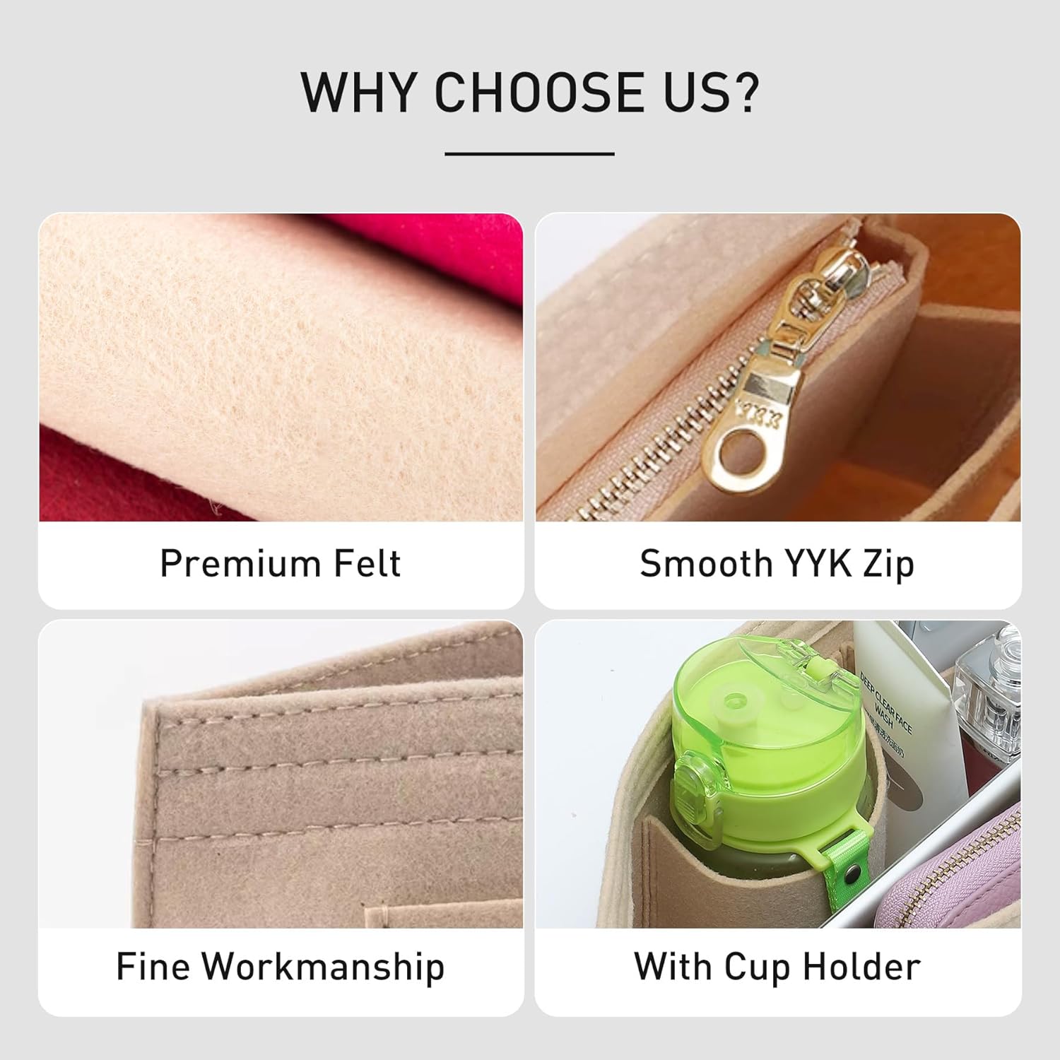 Felt Purse Organizer Insert Compatible with Longchamp Le Plaige M Tote Bag(Longg Handle), Zipper Long Champ Medium Organizer with Cup Holder, 8 Compartments Bag Insert(Beige,M) - Image 7