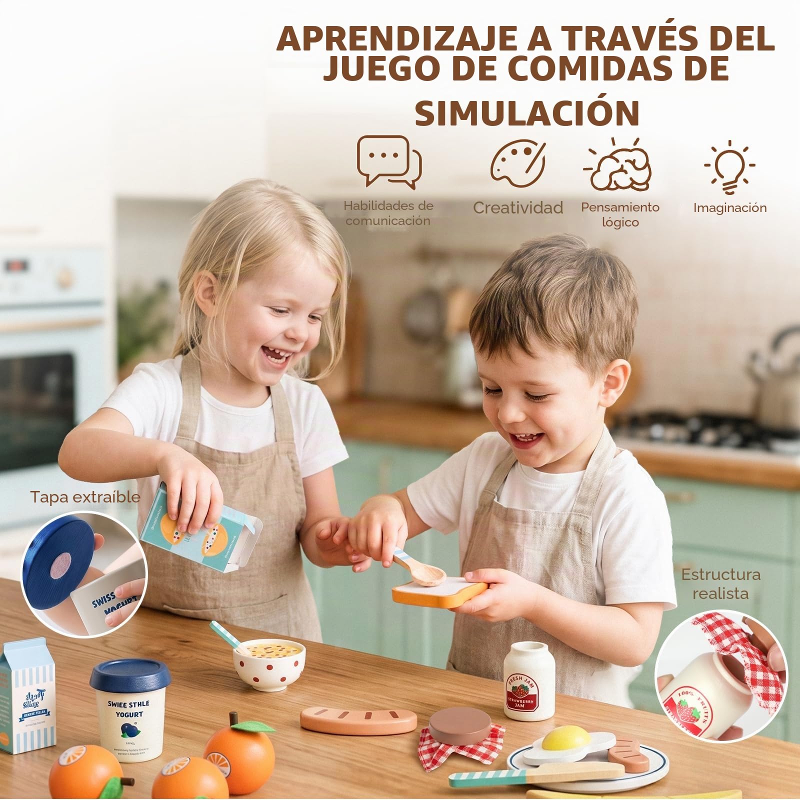 Lehoo Castle Accesorios Cocina Juguetes, Comida Madera Juguete, Comida Juguete Cocinita, Cocinita de Madera Infantil, Juguetes Montessori 2 3 4 Año(Desayuno)