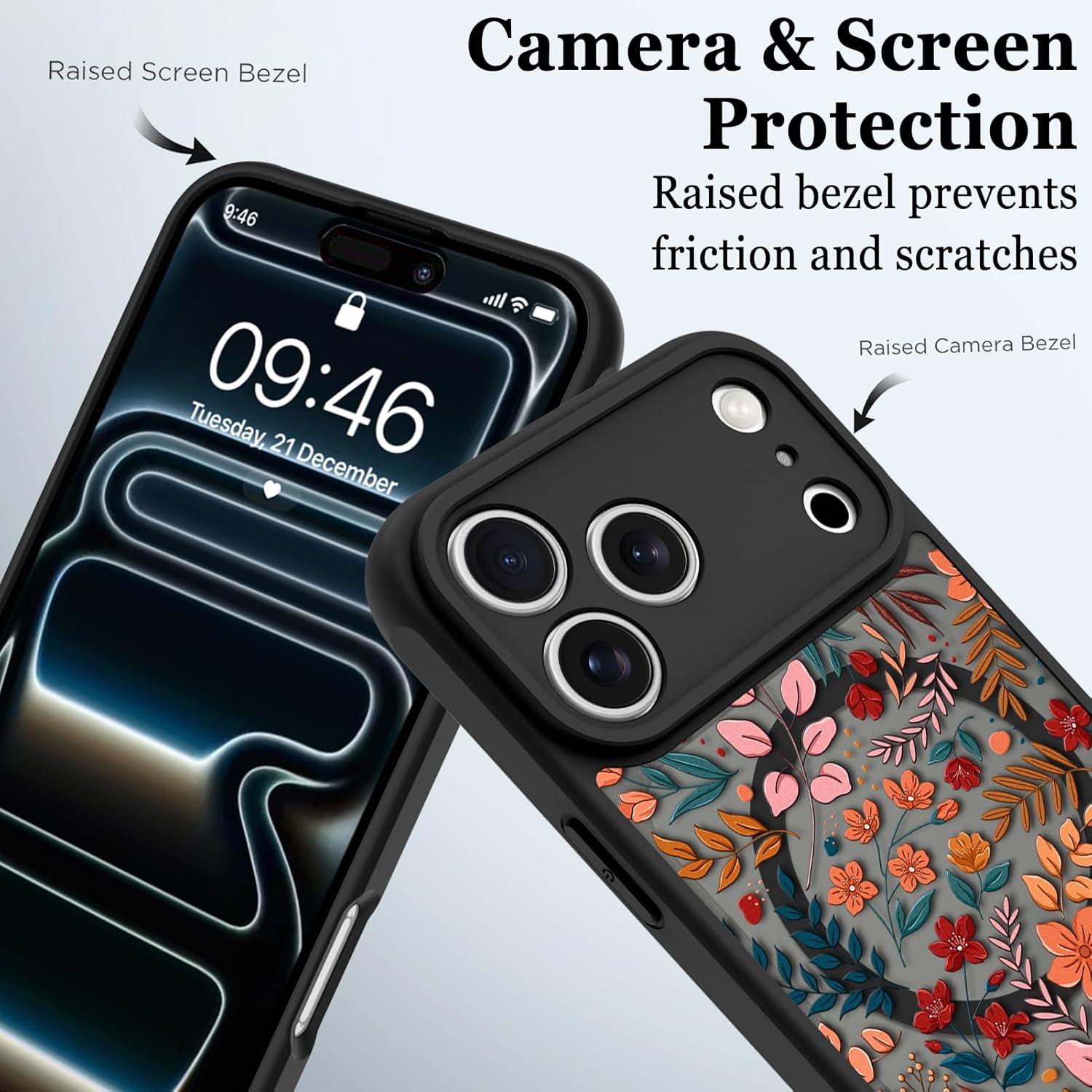 Magnetic for iPhone 17 Pro Max Case, Compatible with Magsafe, Cute Flower Leaves Design for Women Girls, Translucent Matte Camera Protection Shockproof Phone Cover, Black