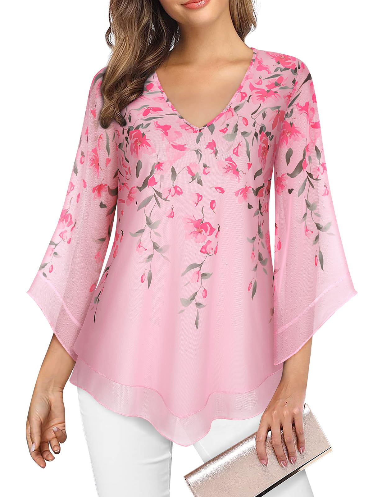 Womens Tops Ruffle 3/4 Sleeve Blouses for Women UK Loose Flowy Ladies V Neck Chiffon Tunic Tops Double Layers Mesh Shirts