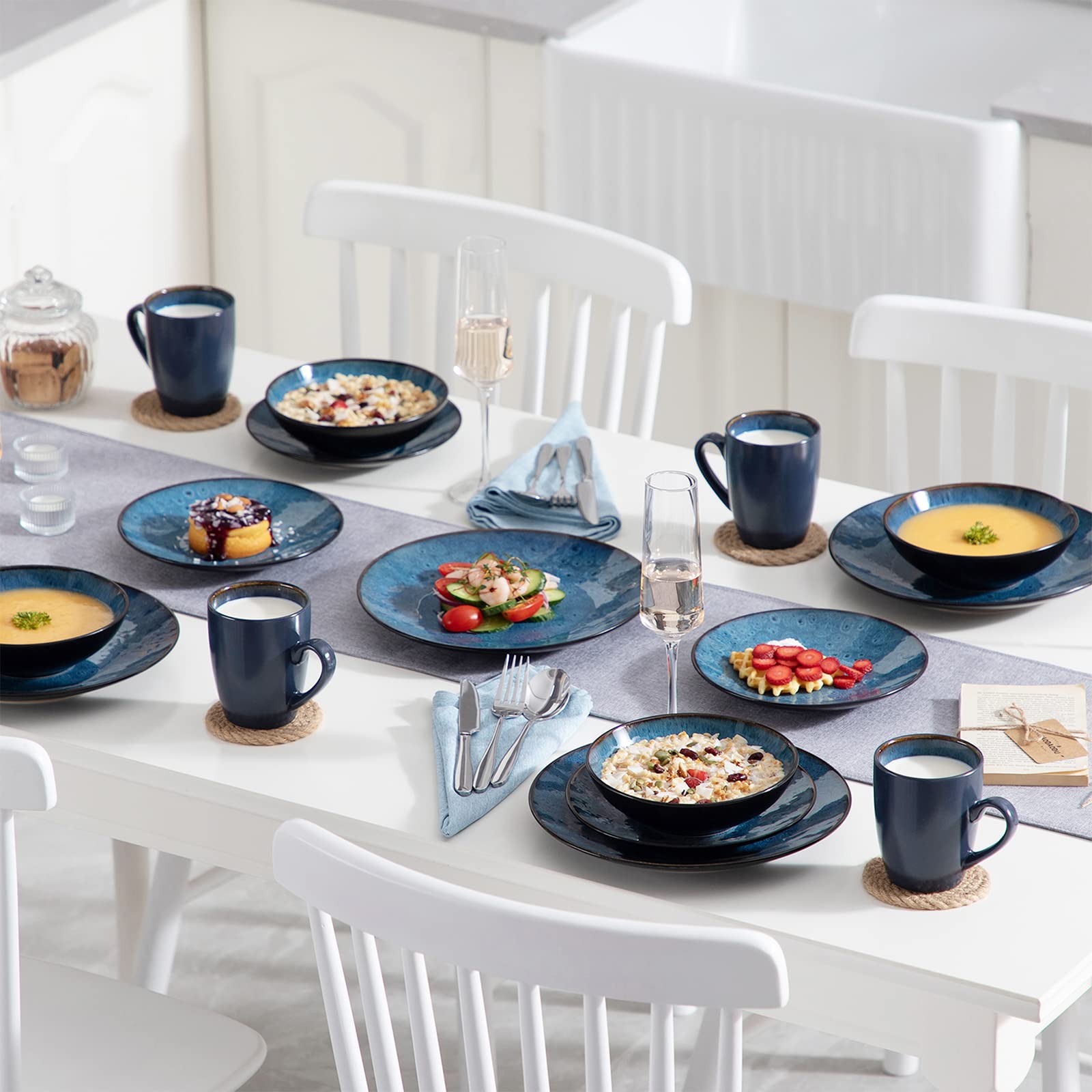 vancasso BUBBLE 8 Platos Hondos Juego de Platos de Gres, Platos Hondos para Sopa | Pasta | Risotto | Ensalada | Postre, Servicio de Mesa, Estilo Vintage Azul
