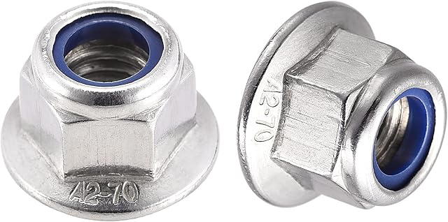 sourcing map M10 Nylon Insert Hex Lock Nuts with Flange, 304 Stainless Steel, Plain Finish, 5pcs