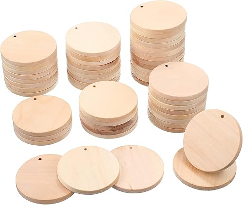 Yulejo 50 piezas de 2 pulgadas de madera natural sin terminar círculos de madera redondos planos con agujero para colgar para bricolaje, discos de