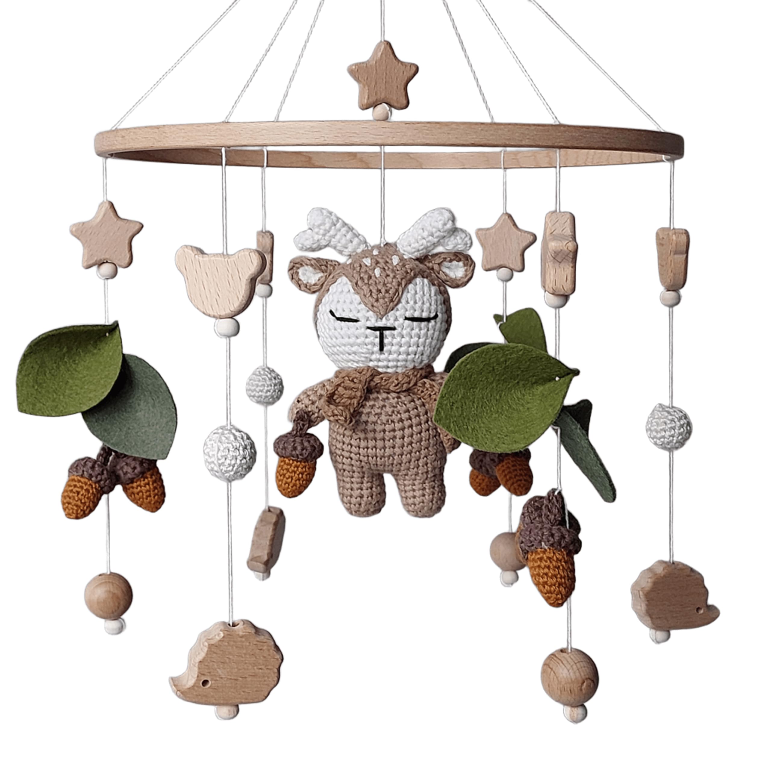 Mobile per bambini fatta a mano con cervo all'uncinetto, decorazione per la cameretta dei bambini, con perline di legno, fogli di feltro e ghiande – Culla naturale – Regalo neonato