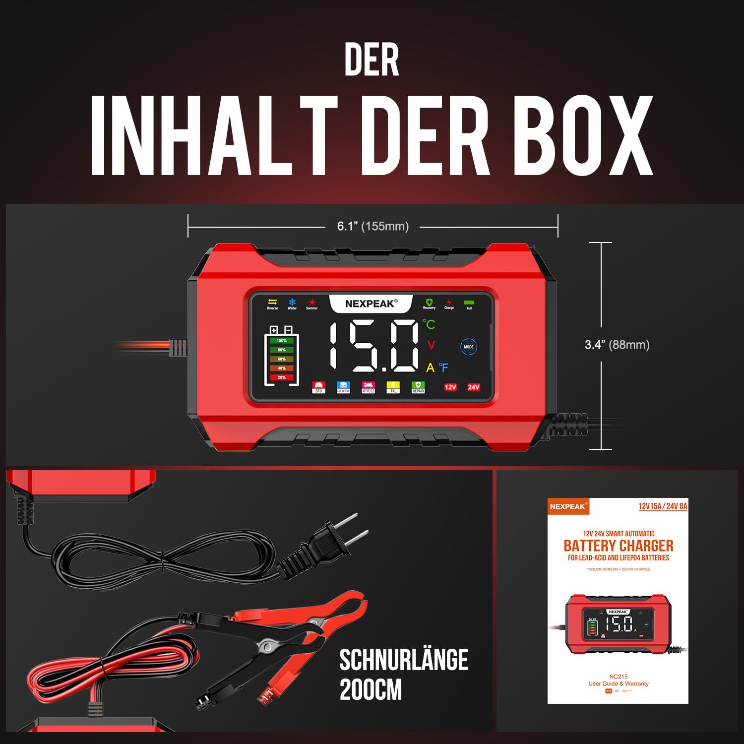 NEXPEAK NC215 15A Autobatterie Ladegerät, 12V 24V LiFePO4 Blei-Säure Tragbares Autobatterieladegerät 9-stufiges Intelligentes Batterieladegerät für Auto, LKW, Motorrad, Rasenmäher, Boot, Marine