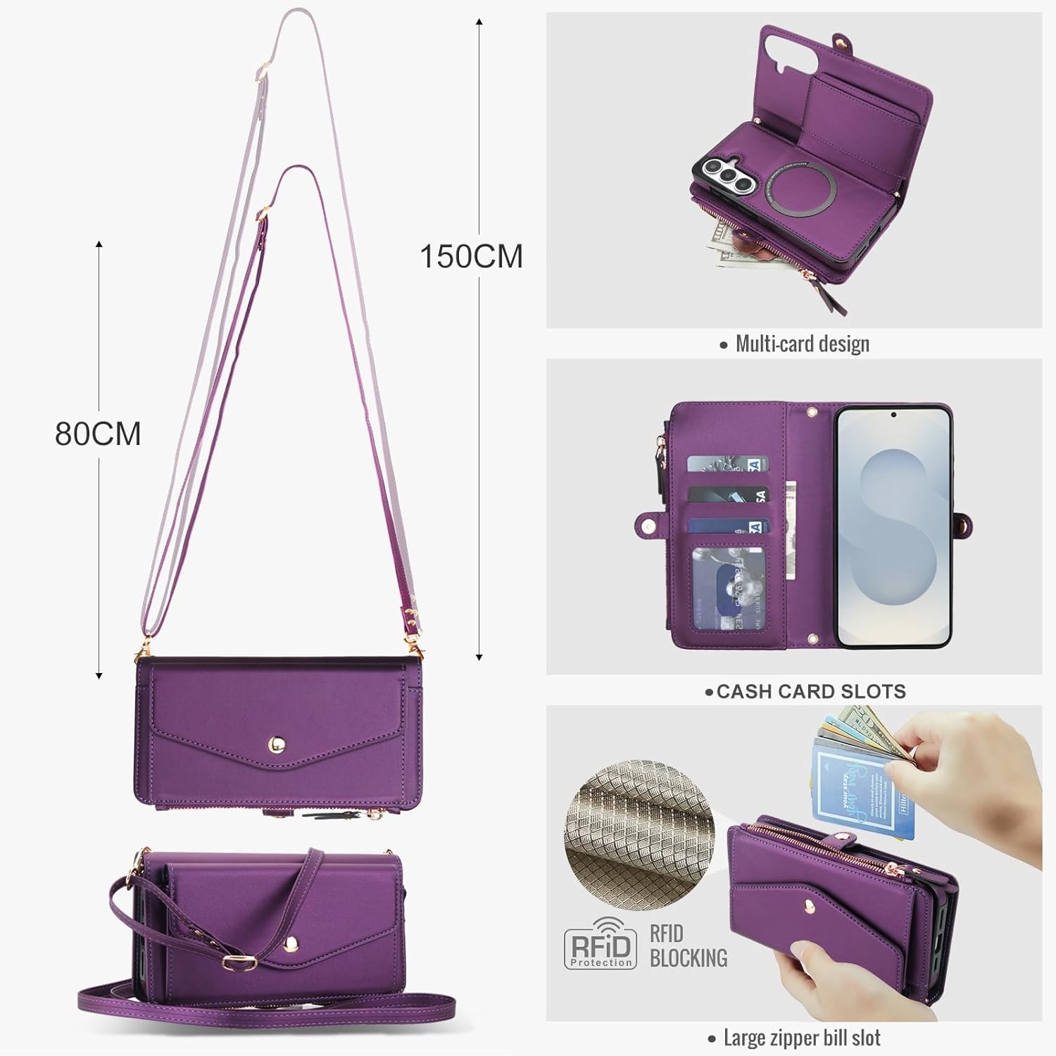 Phone Case for Samsung Galaxy S26 Plus S26+ 5G Wallet Cover Compatible with Magsafe RFID Screen Protector Crossbody Lanyard Strap Flip Card Holder Slot Zipper S 26 + 26+ S26Plus SM-S947U Dark Purple