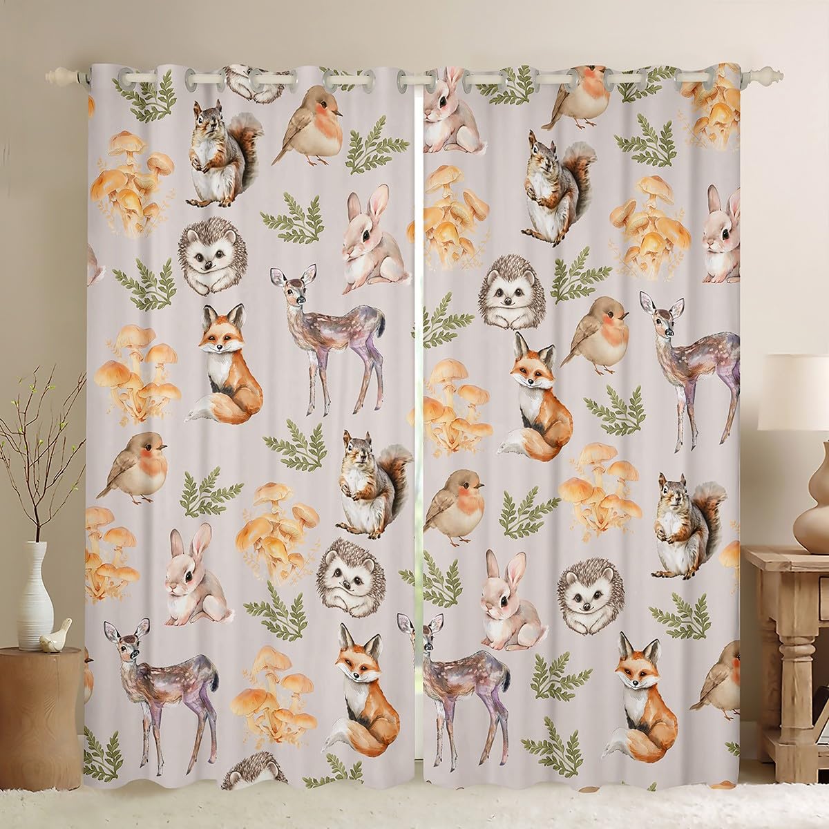 Homemissing Cute Animal Curtains (2 Panels,W46*L72) For Bedroom Kids Boys Girls Teen Fox Deer Rabbit Print Window Curtains Cute Mushroom Decor Blackout Curtains Animal Window Treatments