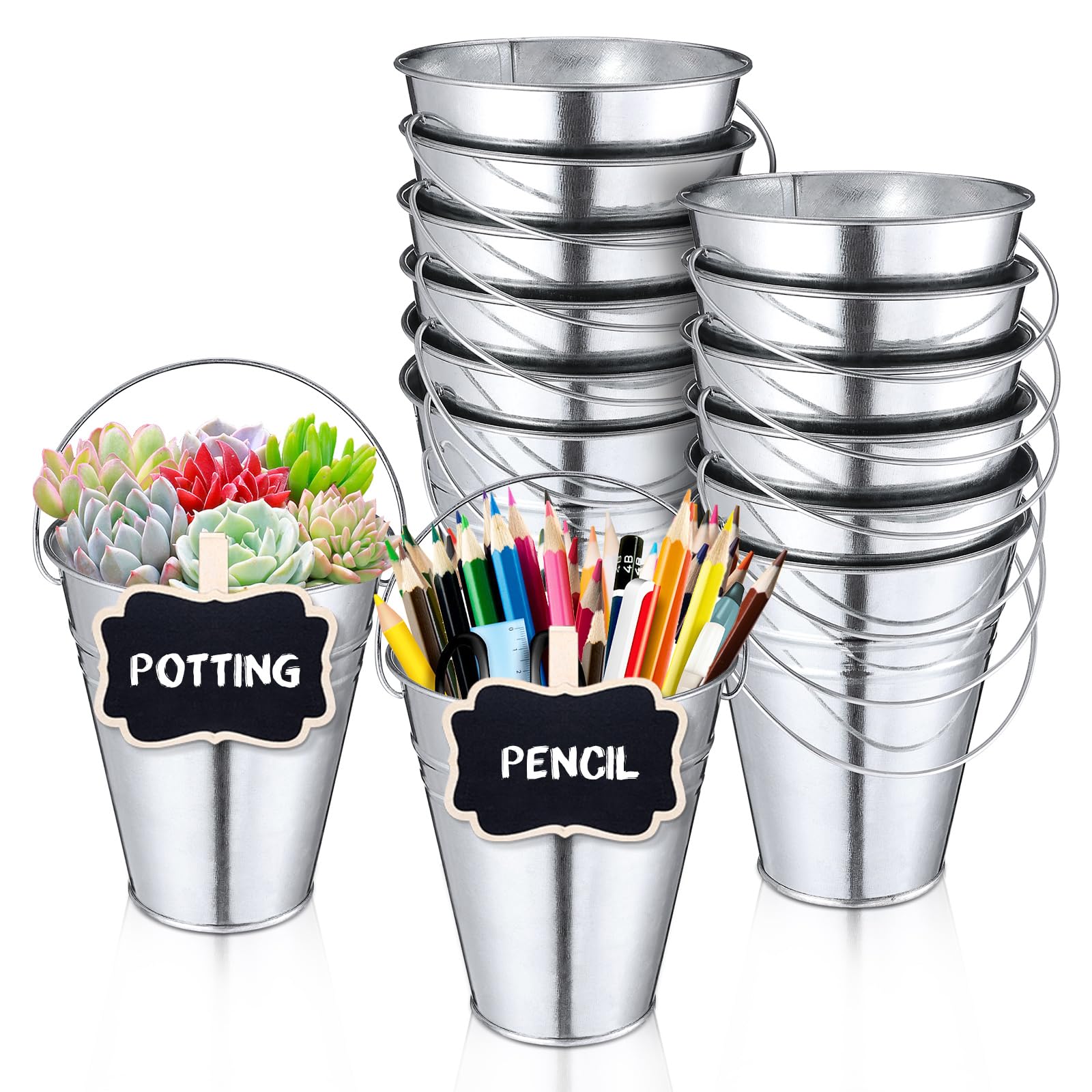 Photo 1 of 12PCS Small Galvanized Metal Buckets with Handle 12Chalkboard Clips, 5 x 4.5X 2.5 Inch Mini Metal Buckets Bulk Mini Pail Ice for Party Crafts Favors Plant Flower Sand Candy