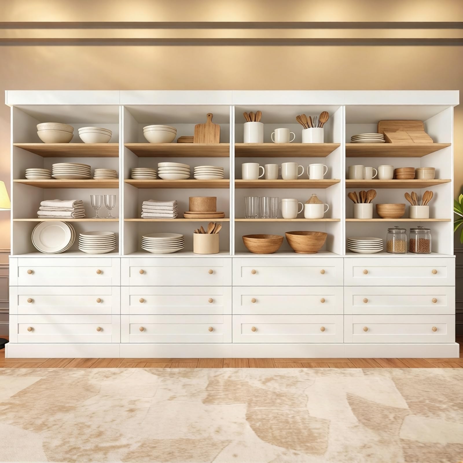 Vyre 71" Tall Farmhouse Pantry Cabinet Set of 4, Large Freestanding Storage Cabinets with Drawers and Adjustable Shelves, Versatile Hutch for Kitchen, Dining Room, or Living Room, White