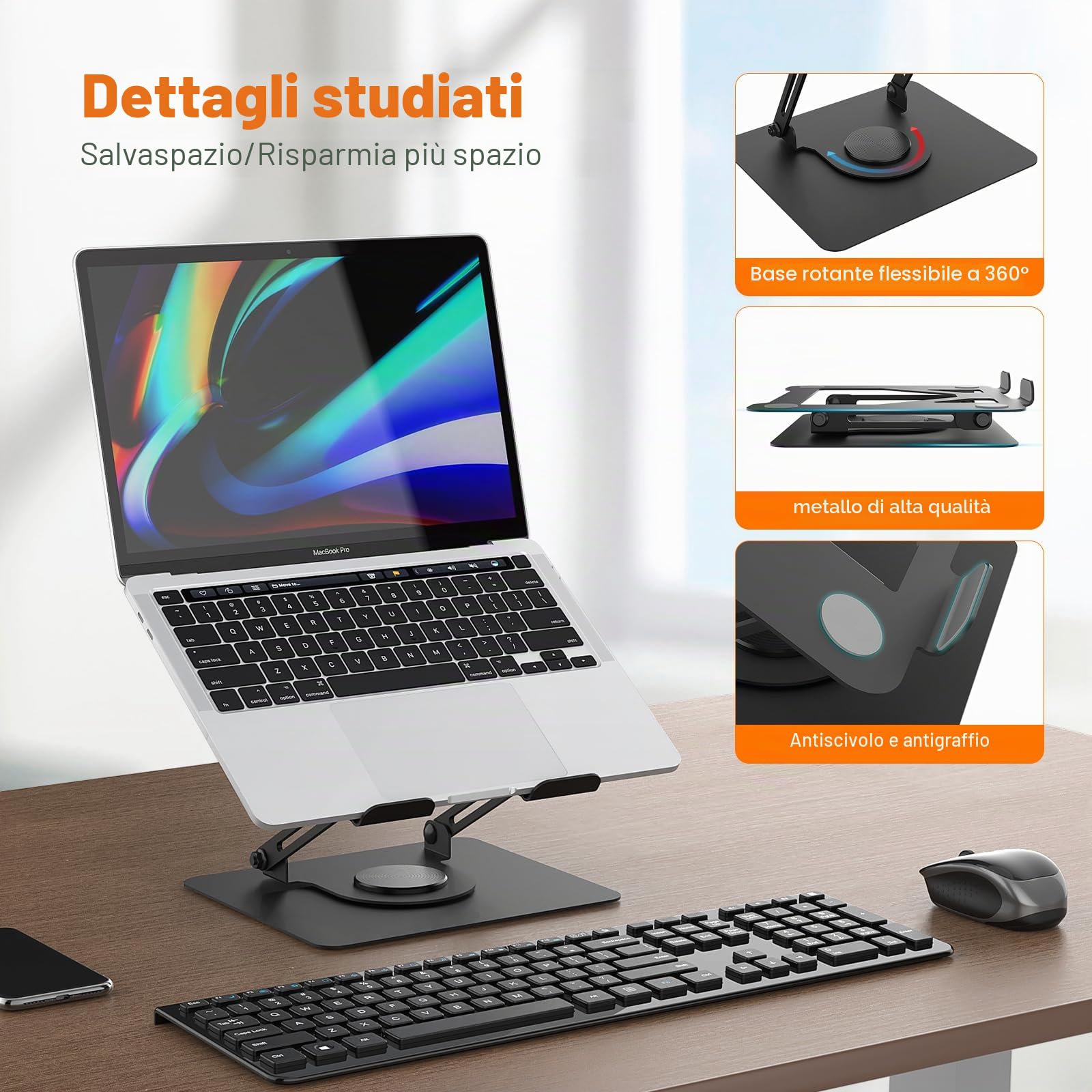 GRIFEMA GB1050 Laptop Stand Ergonomico Regolabile Girevole 360° per Portatili 11-17" Nero