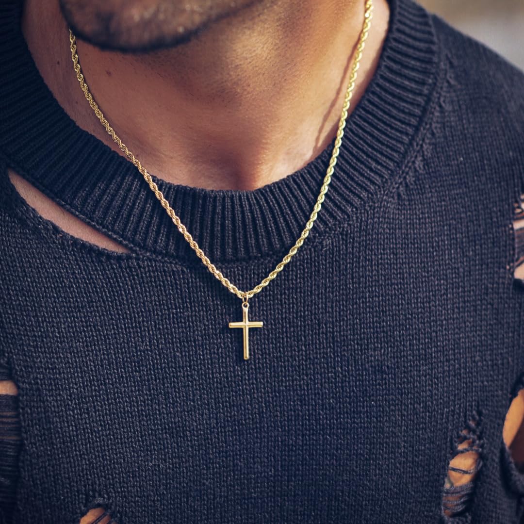 DVRK® Collar Cruz Hombre 25 mm Resistente al Agua y al Sudor - Cadena Cruz Hombre Oro o Plata sobre Base de Acero Inoxidable 316L - Colgante Crucifijo - Rosario - Regalo